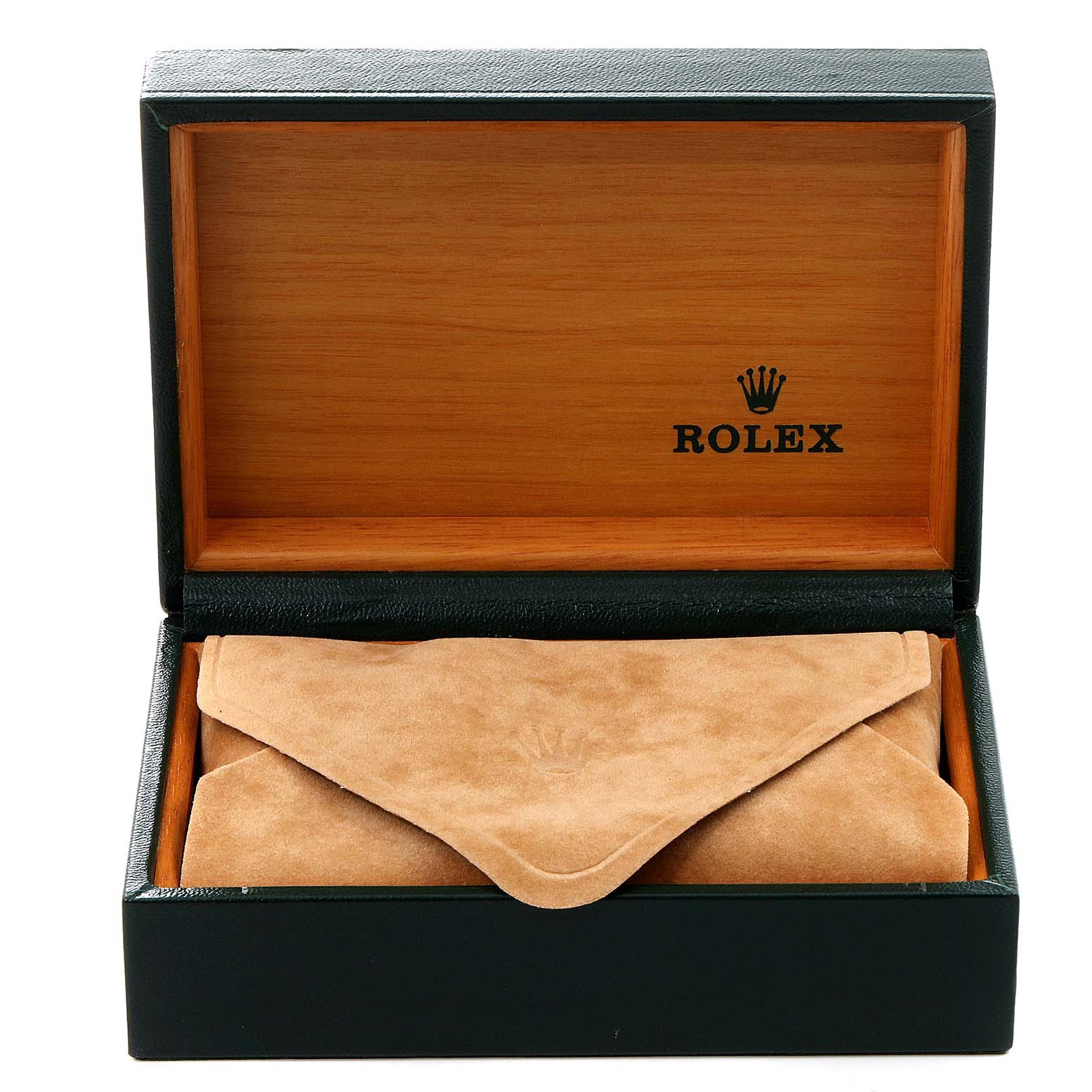The image shows a Rolex Air-King 14000 Men's Stainless Steel White Dial 14000 Men's Stainless Steel White Dial watch box with a suede pouch inside, viewed from the front.