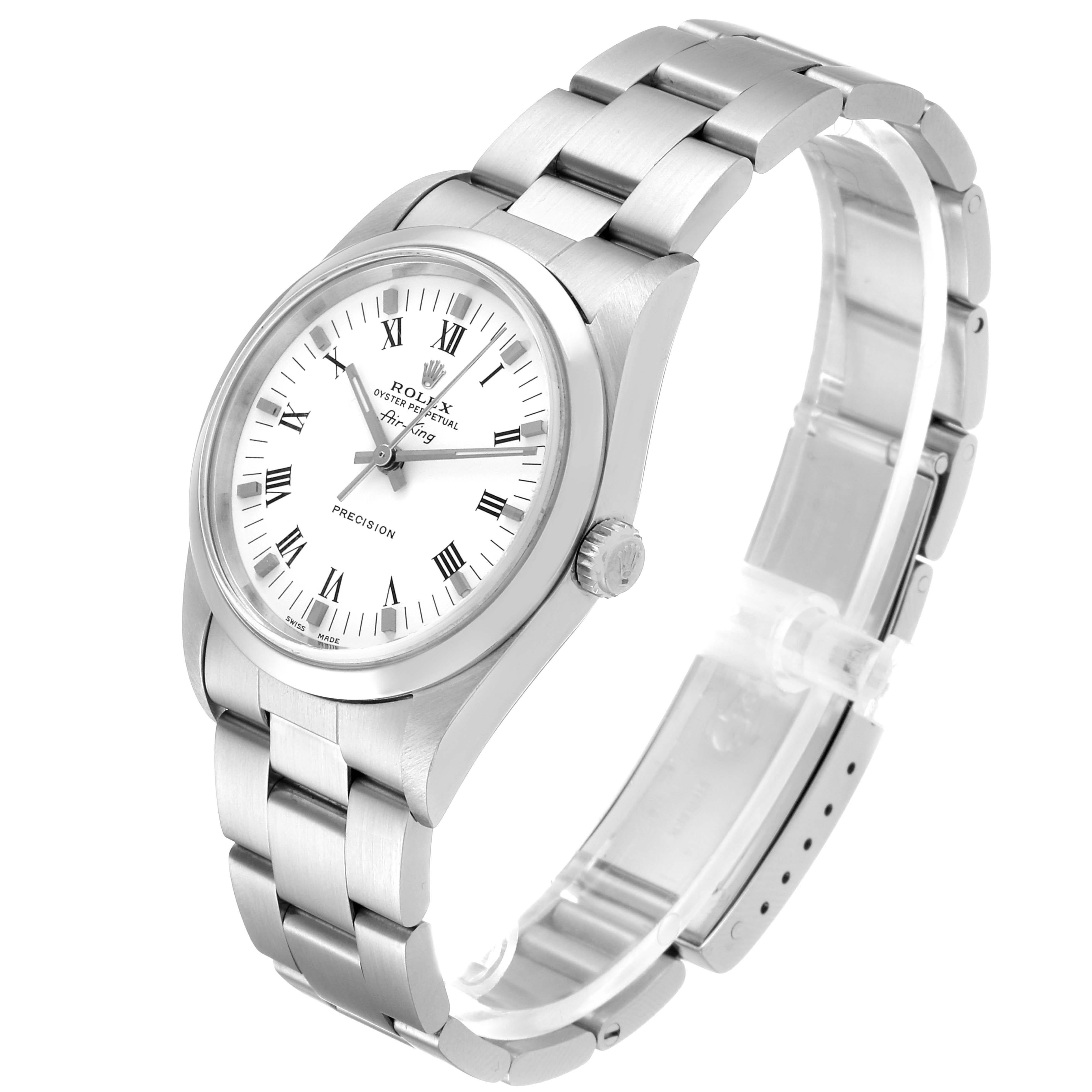 This image shows the Rolex Air-King 14000 Men's Stainless Steel White Dial 14000 Men's Stainless Steel White Dial watch from an angled side view, displaying the face, case, and metal bracelet.