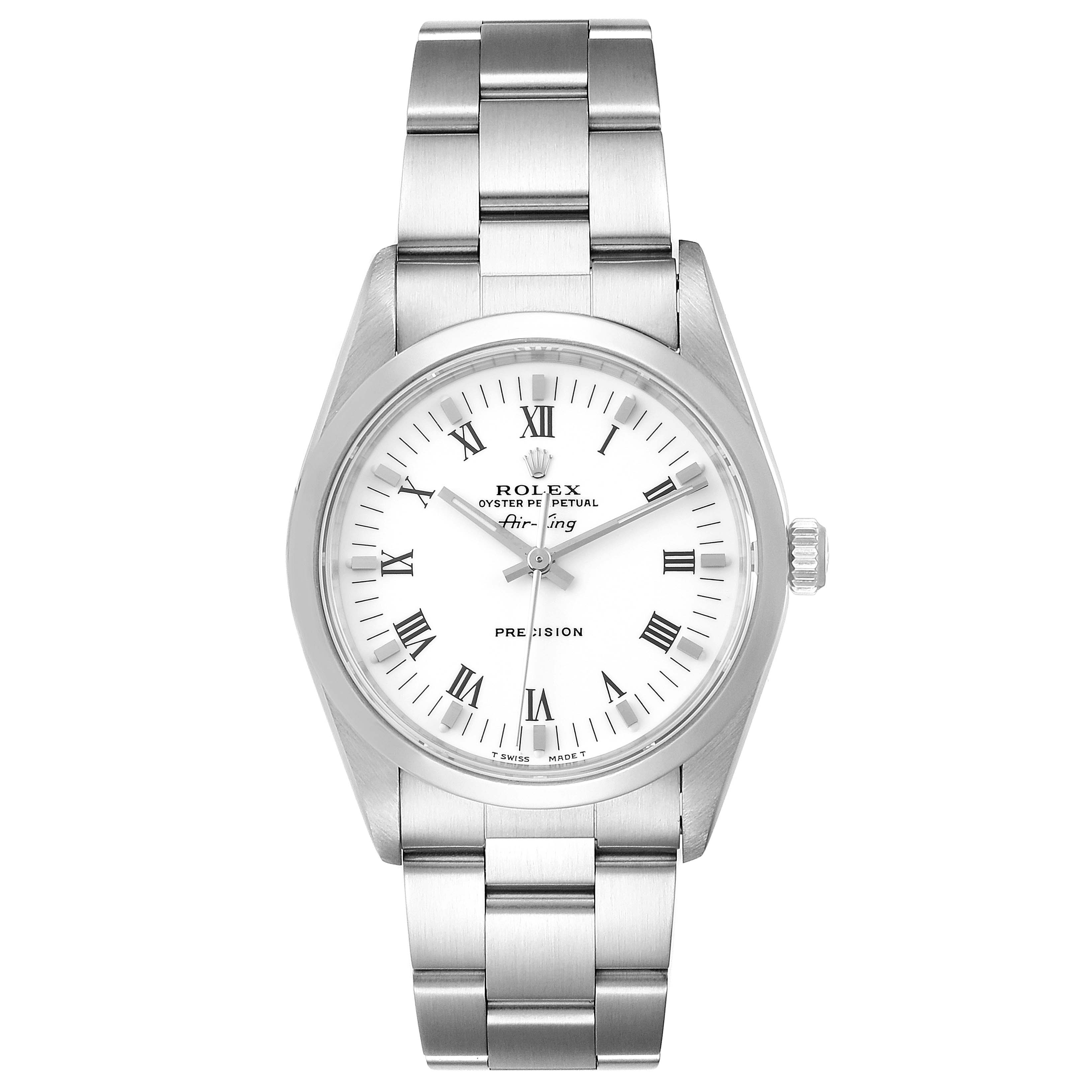 The image shows a front view of the Rolex Air-King 14000 Men's Stainless Steel White Dial 14000 Men's Stainless Steel White Dial watch, displaying its dial, bezel, case, crown, and bracelet.