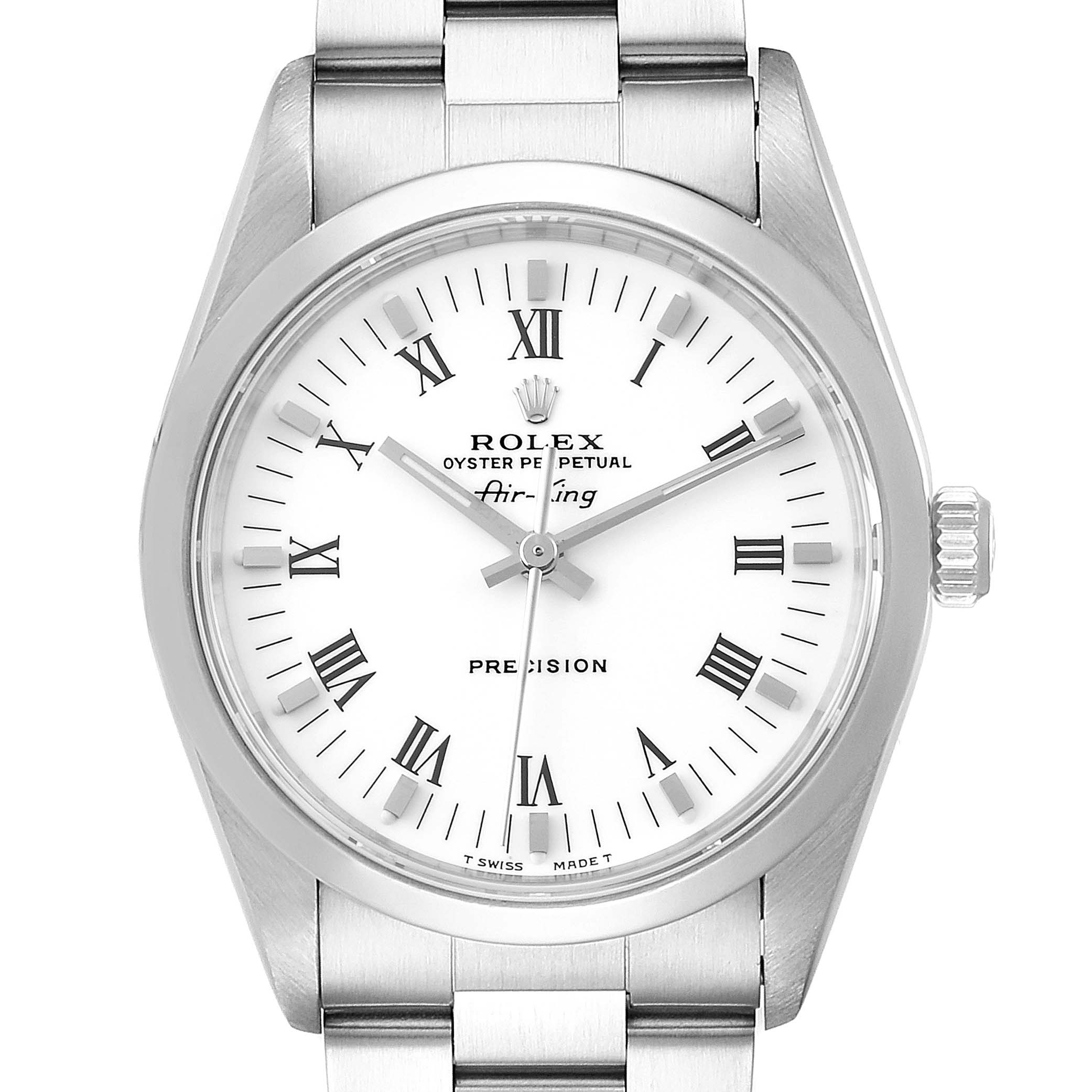 The image shows a front view of the Rolex Air-King 14000 Men's Stainless Steel White Dial 14000 Men's Stainless Steel White Dial watch, highlighting its white dial, Roman numerals, and stainless steel bracelet.