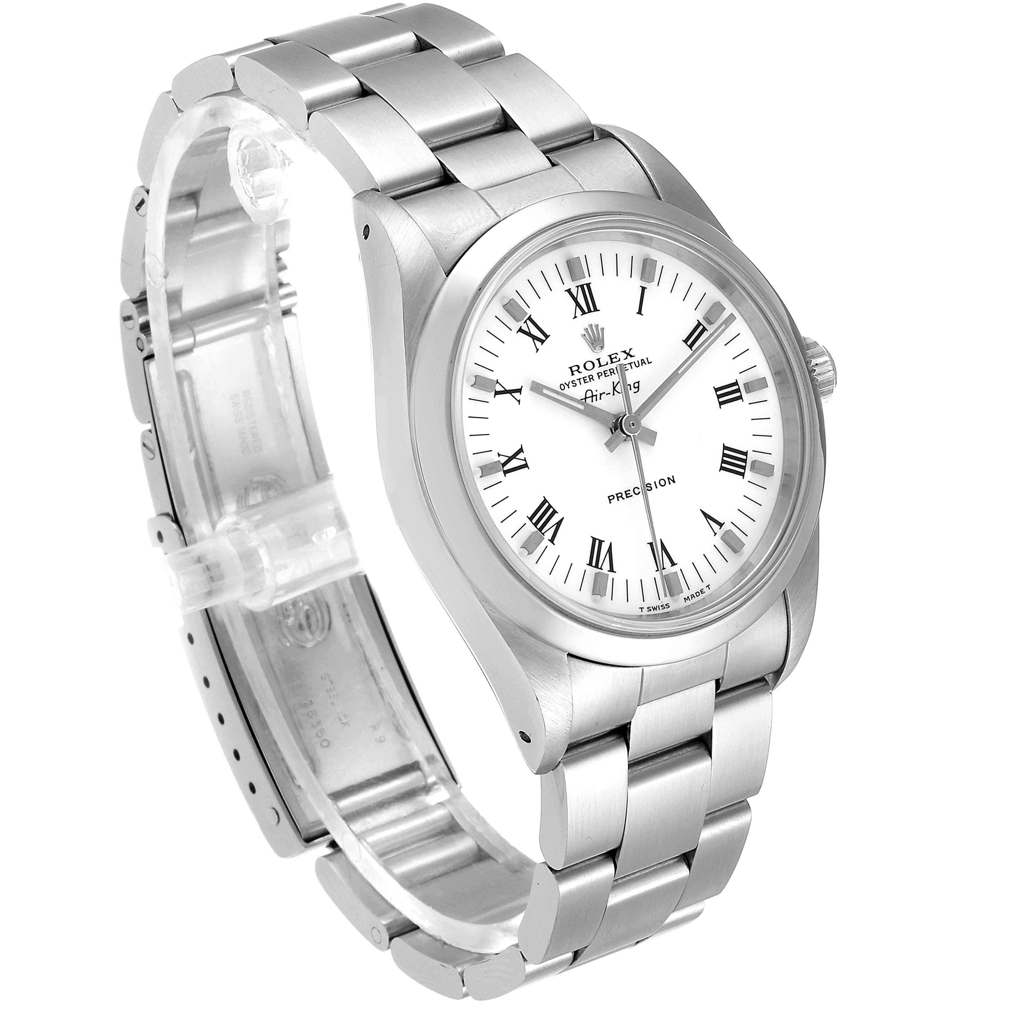 The Rolex Air-King 14000 Men's Stainless Steel White Dial 14000 Men's Stainless Steel White Dial watch is shown at an angled side view, displaying its stainless steel case, bracelet, and white dial with Roman numerals.