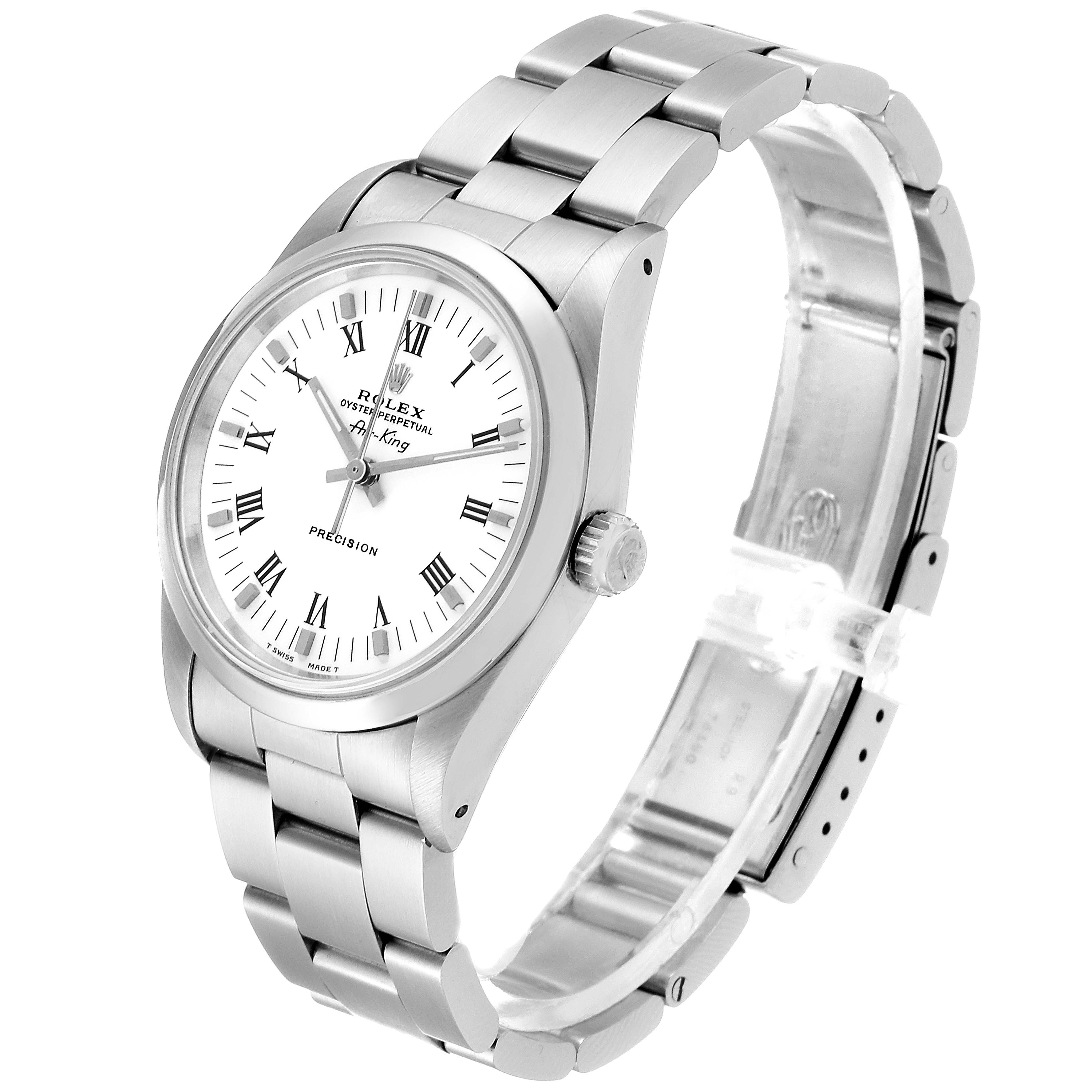 The Rolex Air-King 14000 Men's Stainless Steel White Dial 14000 Men's Stainless Steel White Dial watch is shown at a three-quarter angle, displaying its dial, hands, crown, and bracelet.