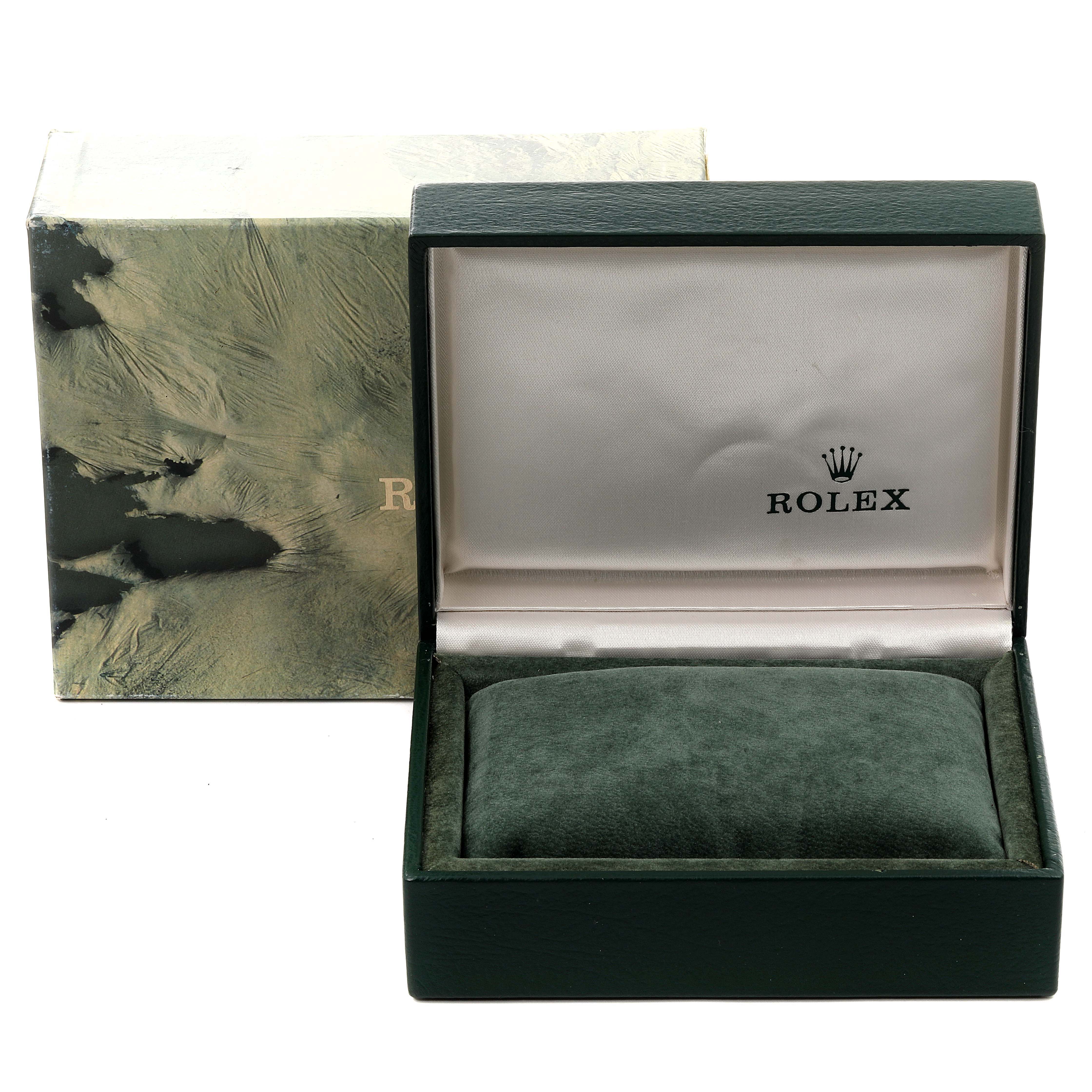 This image shows a Rolex Air-King 14000 Men's Stainless Steel White Dial 14000 Men's Stainless Steel White Dial watch box and cushion from a front-facing angle.