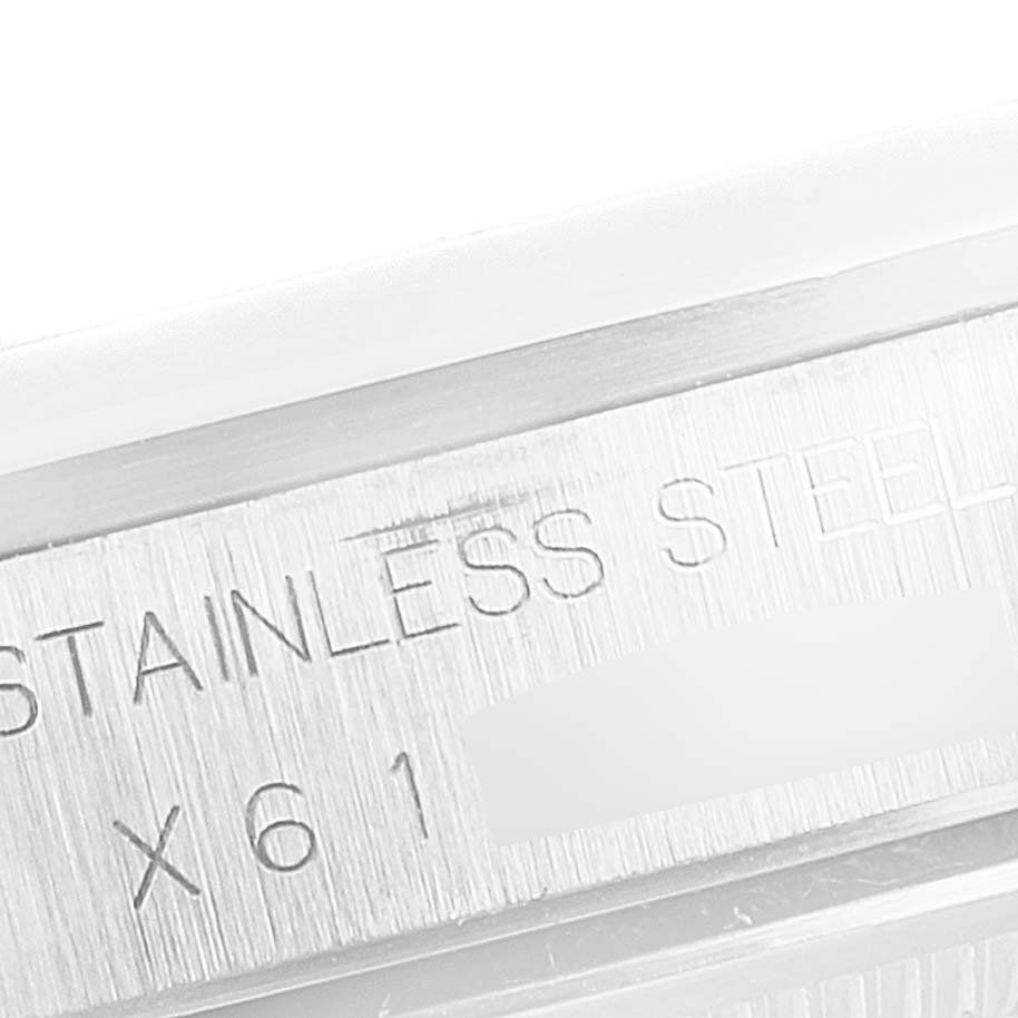 The image shows a close-up shot of the side engraving on a Rolex Air-King 14000 Men's Stainless Steel White Dial 14000 Men's Stainless Steel White Dial watch, indicating it is made of stainless steel.