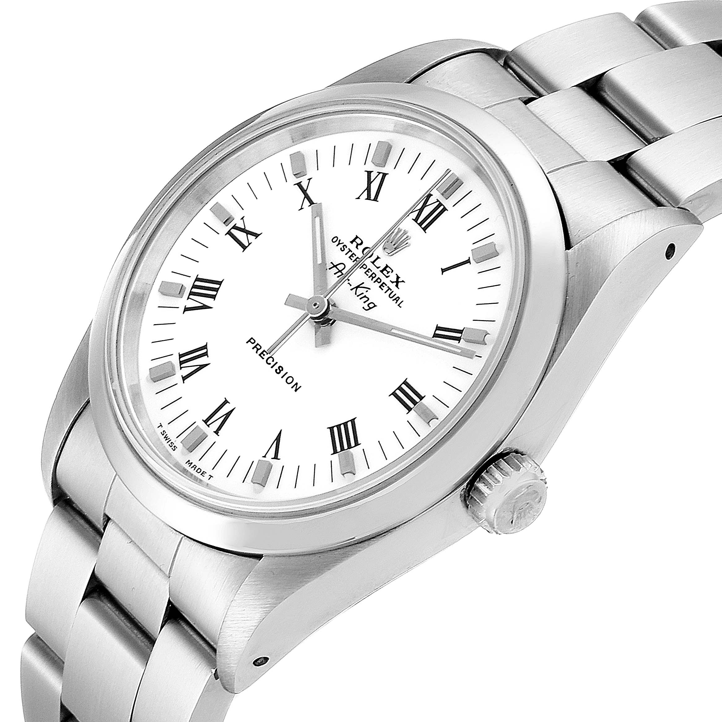 The image shows the Rolex Air-King 14000 Men's Stainless Steel White Dial 14000 Men's Stainless Steel White Dial watch from a slightly angled side view, highlighting the watch face, bezel, crown, and bracelet.