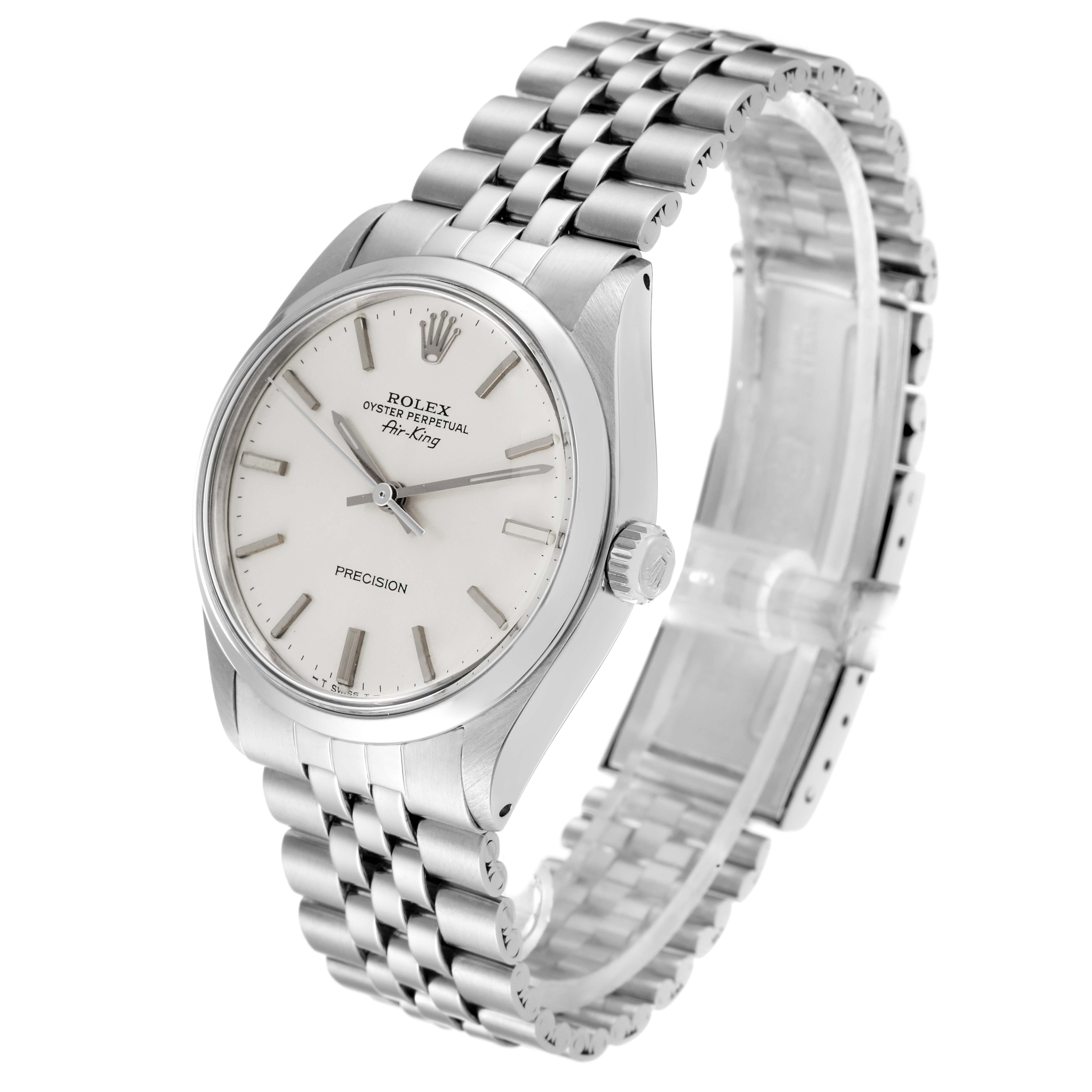 The image shows a Rolex Vintage Collection 5500 Men's Stainless Steel Silver Dial 5500 Men's Stainless Steel Silver Dial Oyster Perpetual Air-King watch at a slight angle, highlighting its dial, case, crown, and bracelet.
