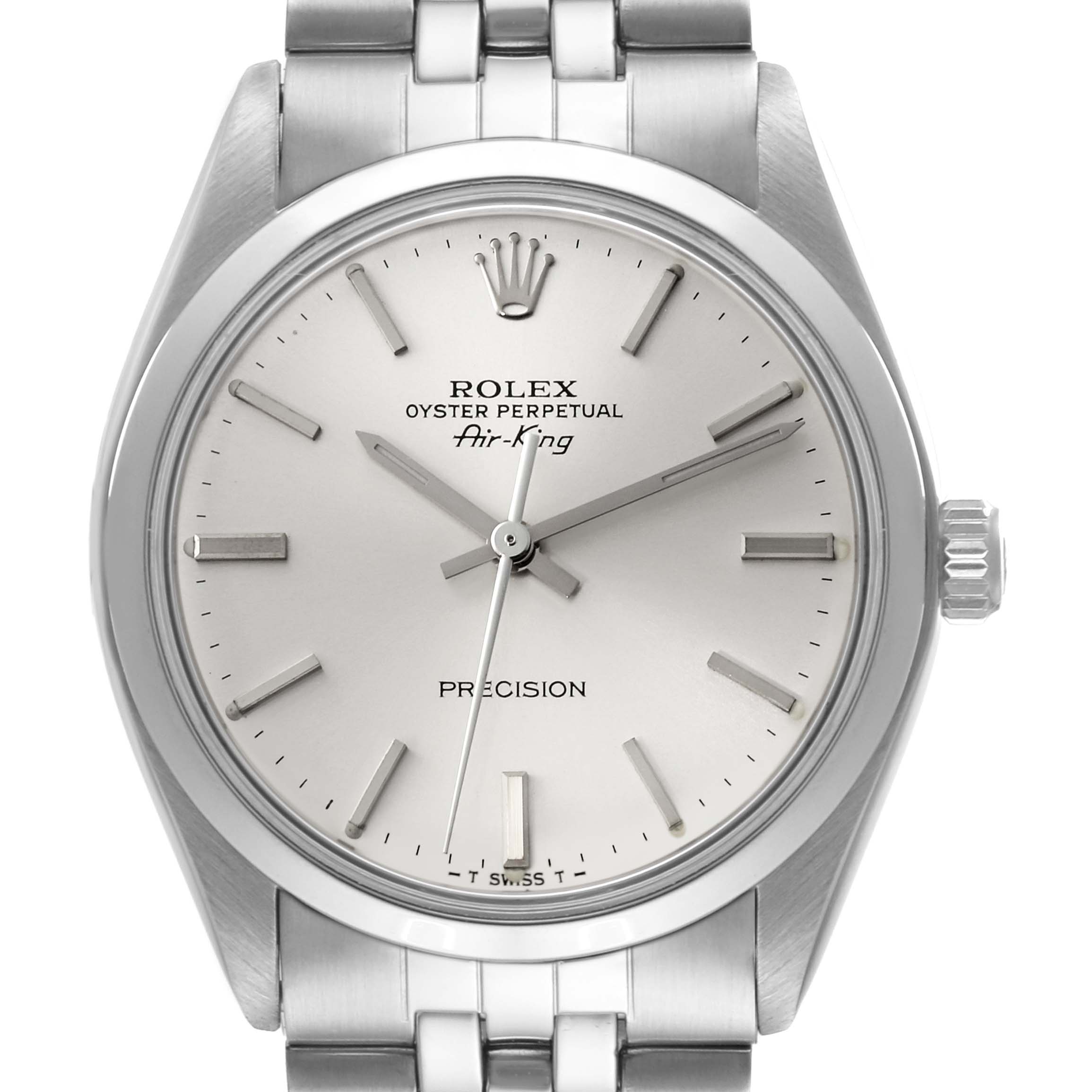 The image shows a frontal view of the Rolex Vintage Collection 5500 Men's Stainless Steel Silver Dial 5500 Men's Stainless Steel Silver Dial Air-King watch, displaying its dial, hands, and part of the bracelet.