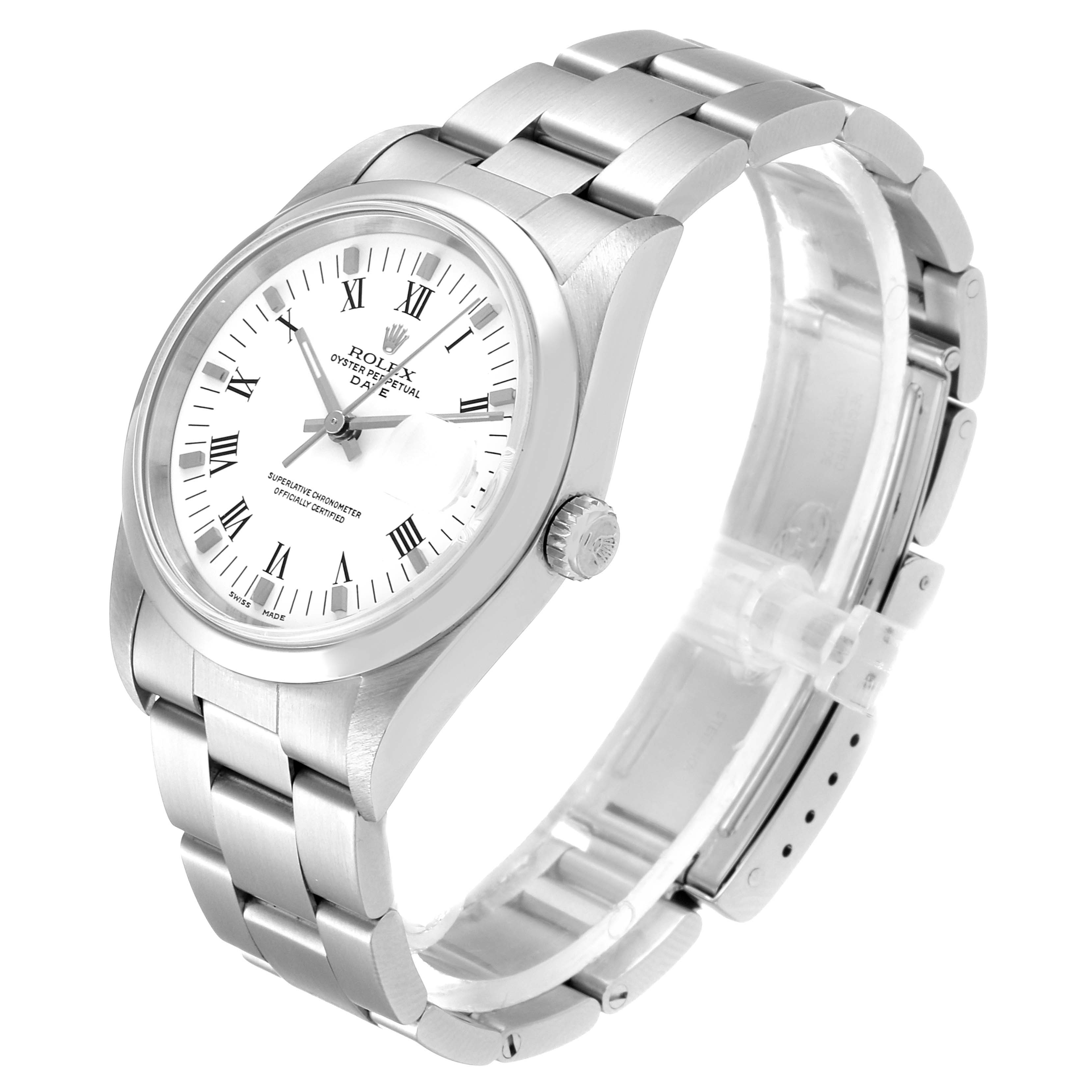 This image shows a Rolex Date 15200 Men's Stainless Steel White Dial 15200 Men's Stainless Steel White Dial model watch from a three-quarter angle, highlighting the face, bezel, crown, and bracelet.