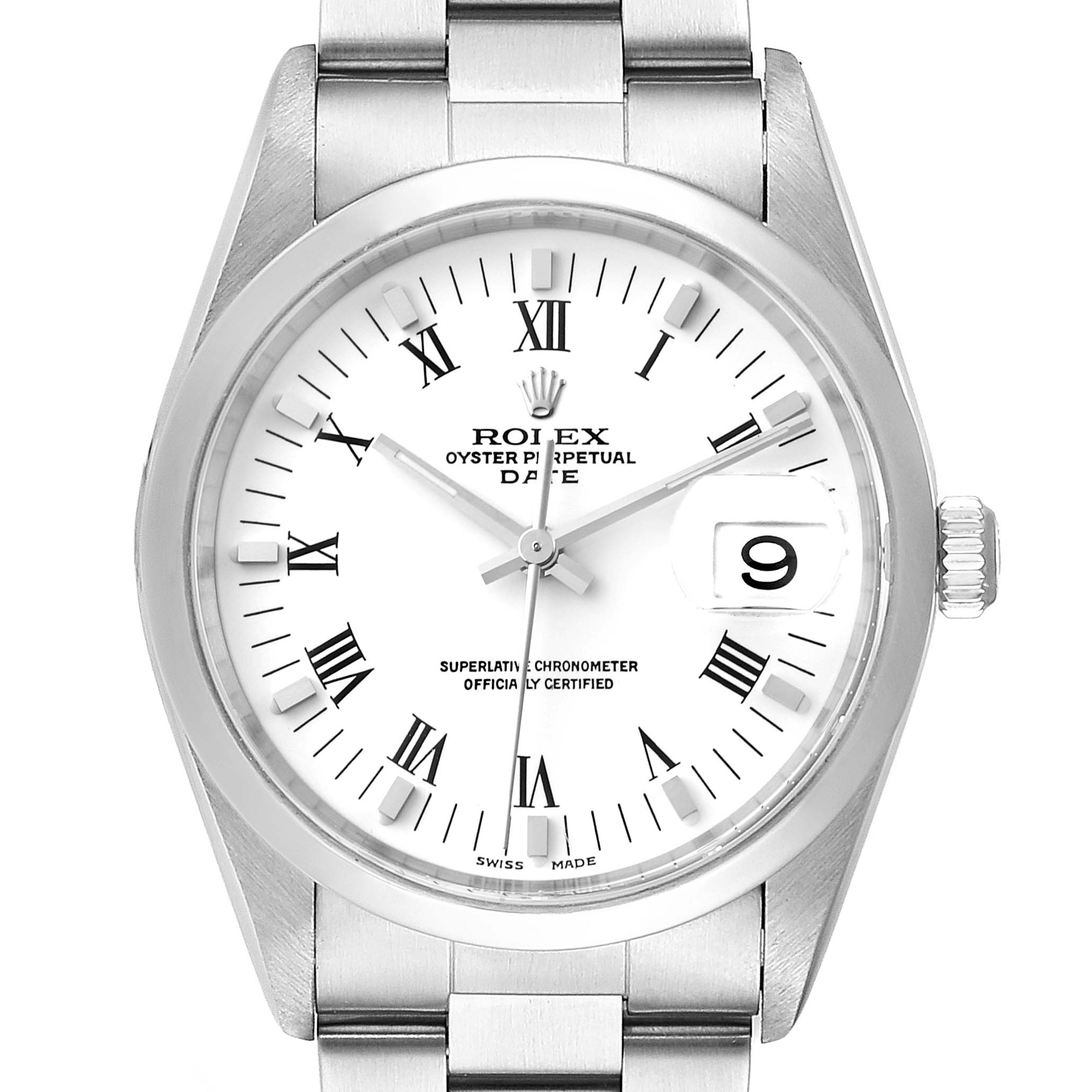 This image shows a front view of the dial, bezel, crown, and part of the bracelet of a Rolex Date 15200 Men's Stainless Steel White Dial 15200 Men's Stainless Steel White Dial model.