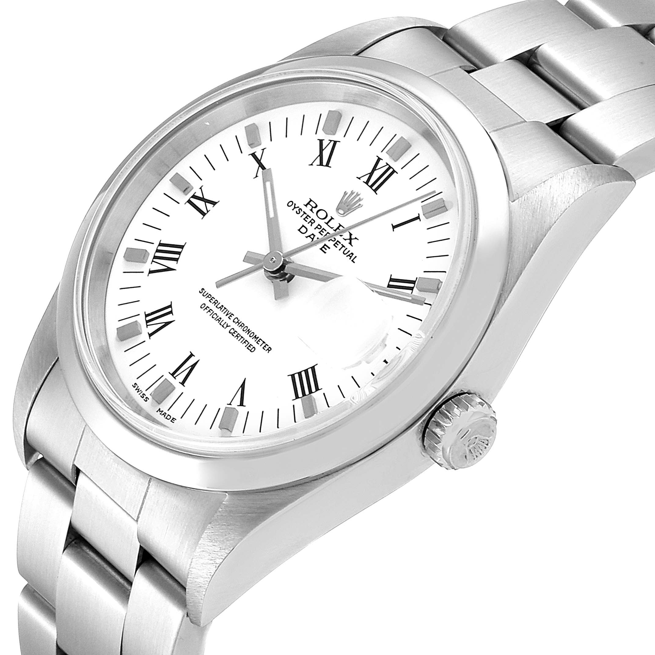 The image shows a Rolex Date 15200 Men's Stainless Steel White Dial 15200 Men's Stainless Steel White Dial watch at an angle highlighting the dial, bezel, crown, and part of the bracelet.