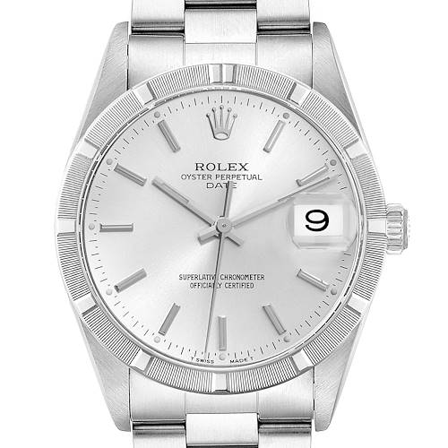 The Rolex Date watch is shown from a front view, displaying the face, bezel, crown, and part of the bracelet.