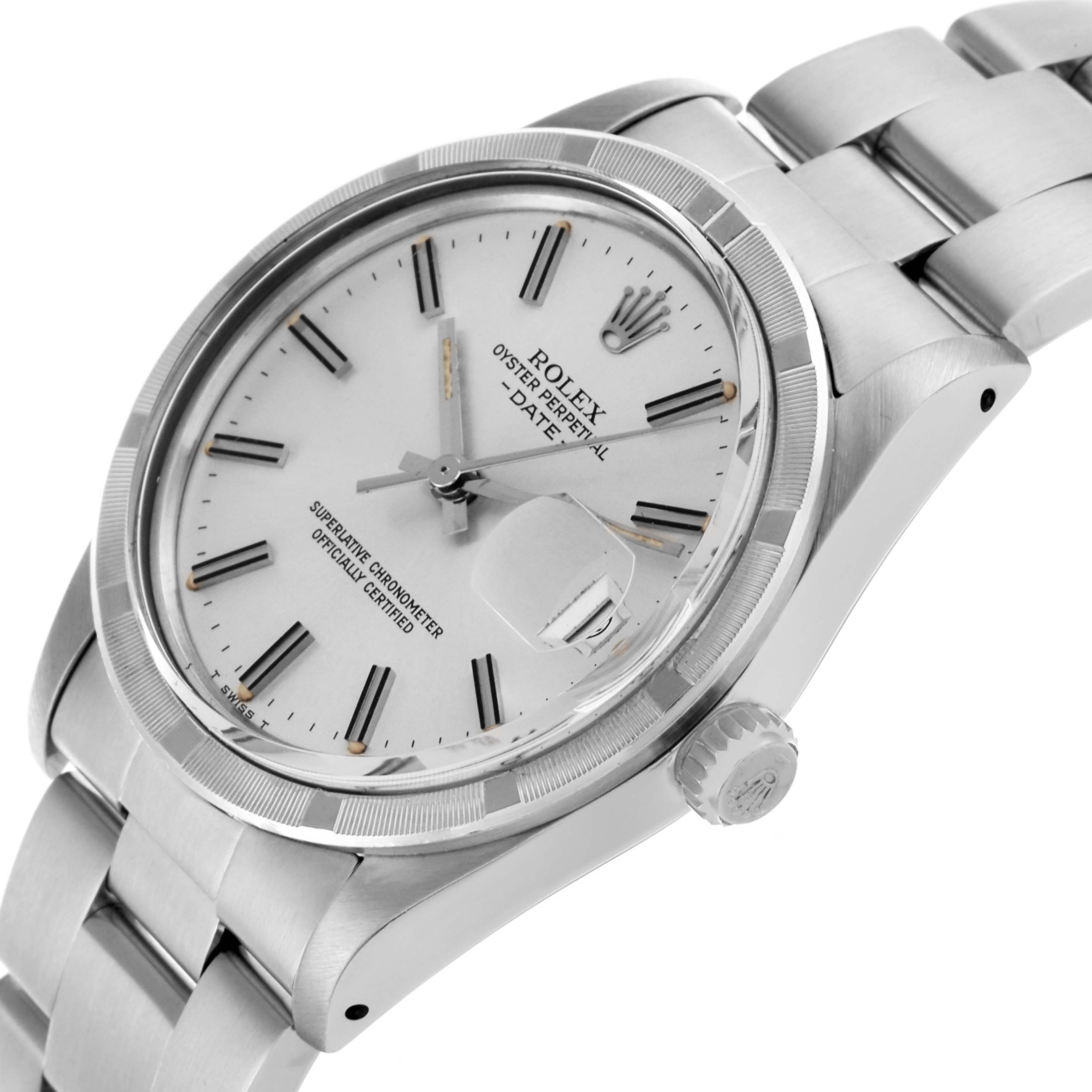The Rolex Date 15010 Men's Stainless Steel Silver Dial 15010 Men's Stainless Steel Silver Dial model is shown at an angle highlighting the dial, bezel, crown, and part of the bracelet.