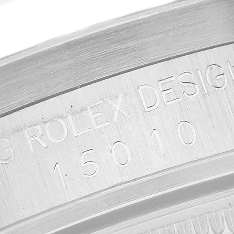 The image shows a close-up of the case back engraving on a Rolex Date 15010 Men's Stainless Steel Silver Dial 15010 Men's Stainless Steel Silver Dial model.