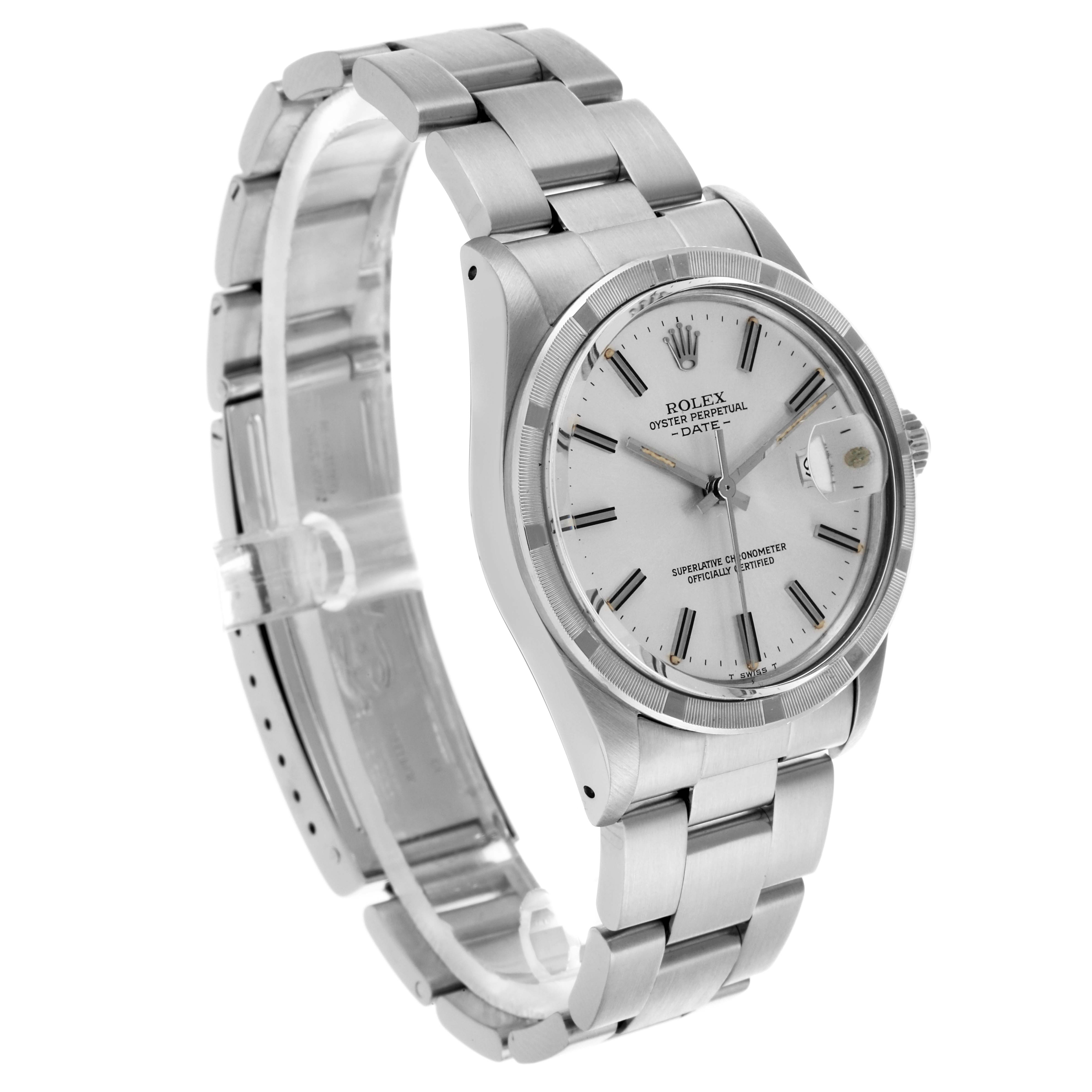 The Rolex Date 15010 Men's Stainless Steel Silver Dial 15010 Men's Stainless Steel Silver Dial model is shown at a three-quarter angle, displaying its face, bezel, bracelet, and crown.