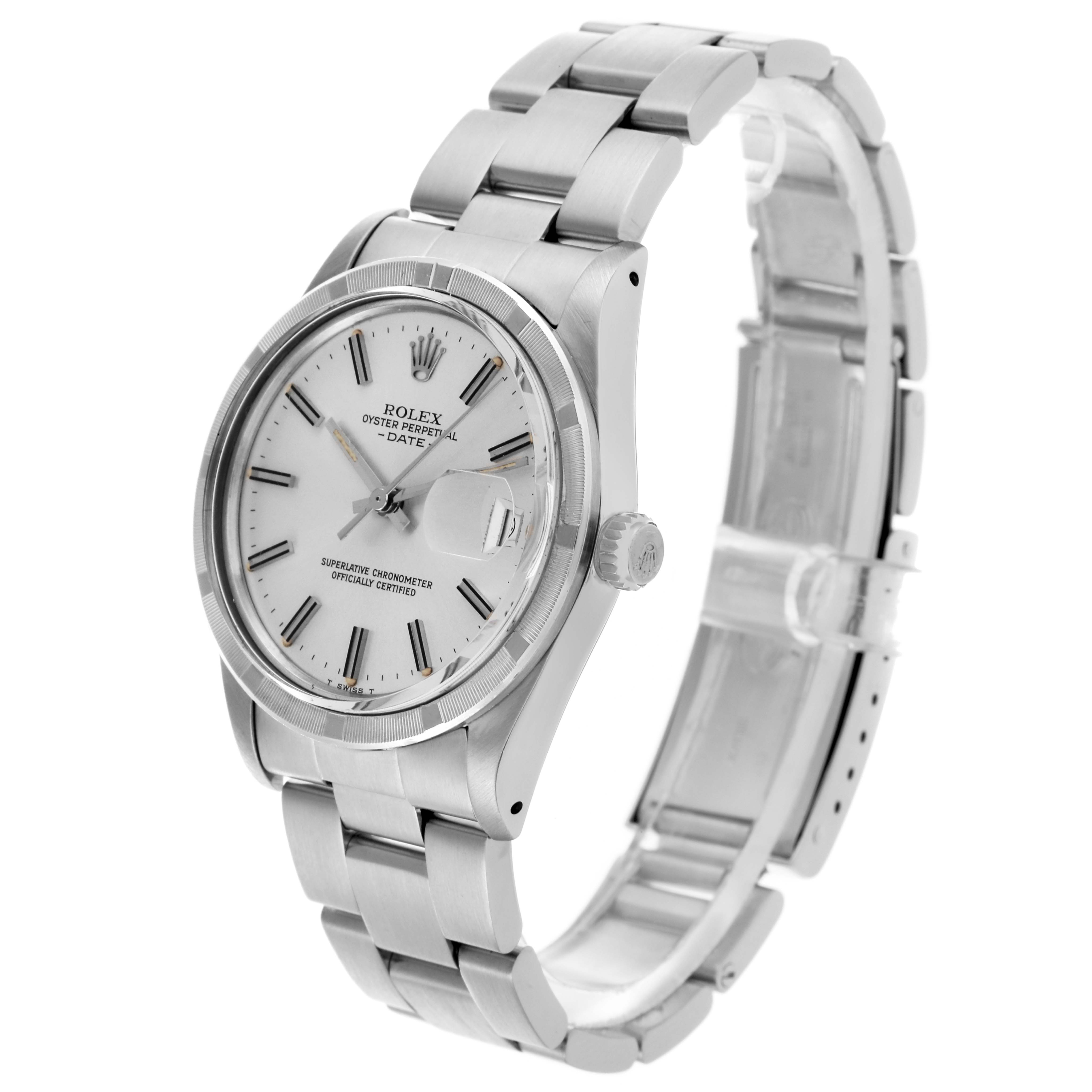 The Rolex Date 15010 Men's Stainless Steel Silver Dial 15010 Men's Stainless Steel Silver Dial model is shown at an angled view displaying the dial, bezel, crown, and bracelet.