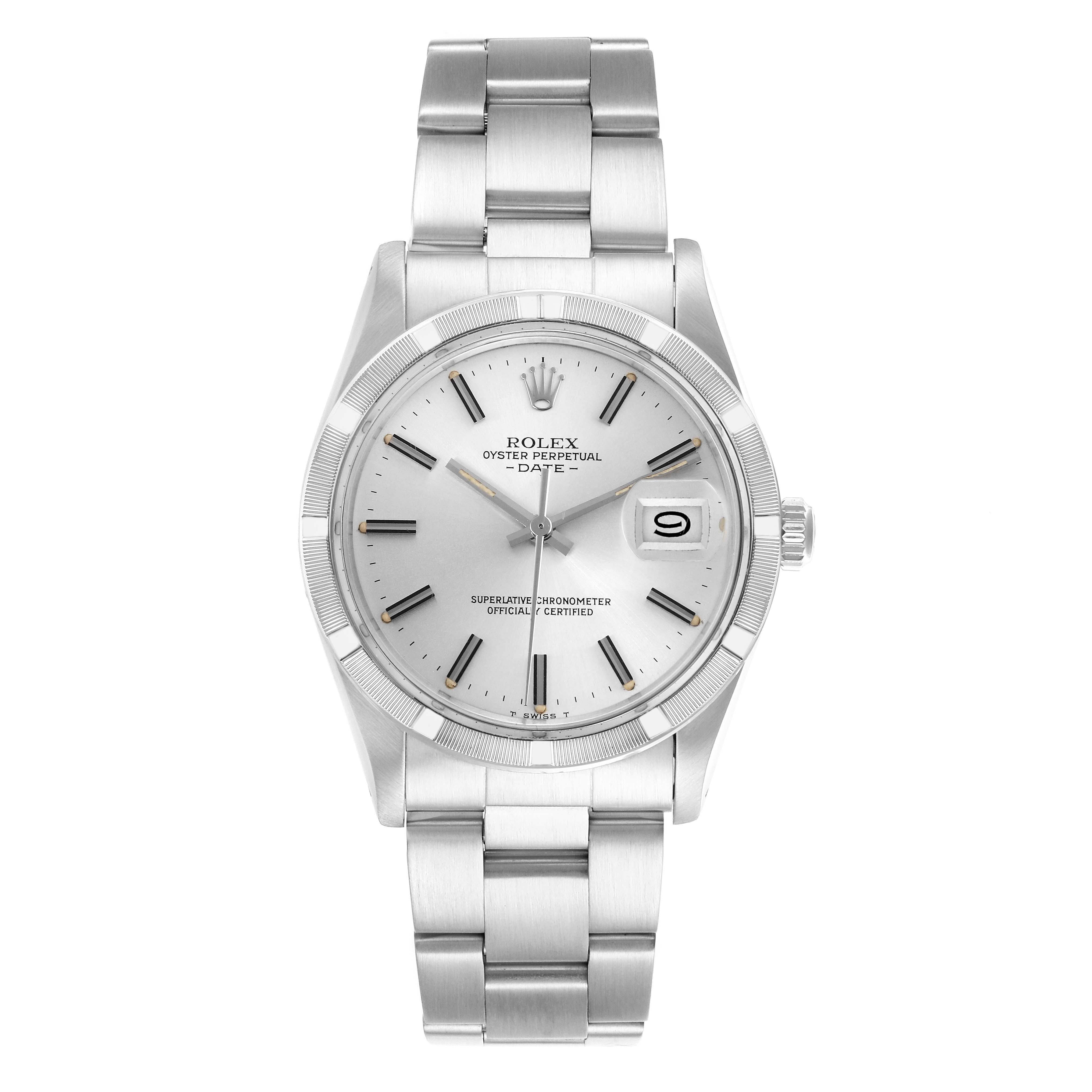 The Rolex Date 15010 Men's Stainless Steel Silver Dial 15010 Men's Stainless Steel Silver Dial watch is shown from the front, highlighting the dial, bezel, and bracelet.