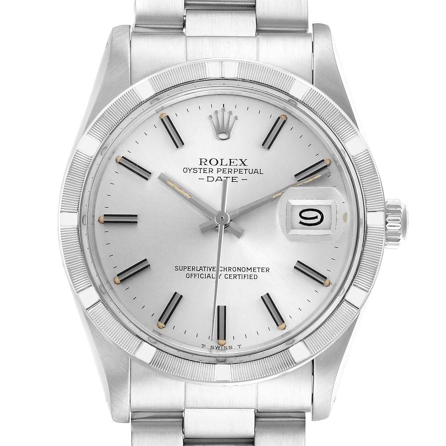 The image shows a front view of the Rolex Oyster Perpetual Date, displaying the dial, bezel, and bracelet.