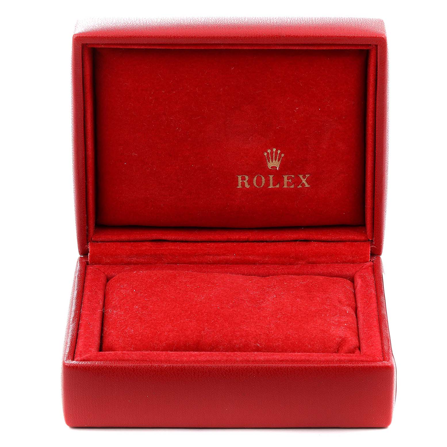 This image shows an open red watch box with the Rolex logo, likely for a Datejust model watch.