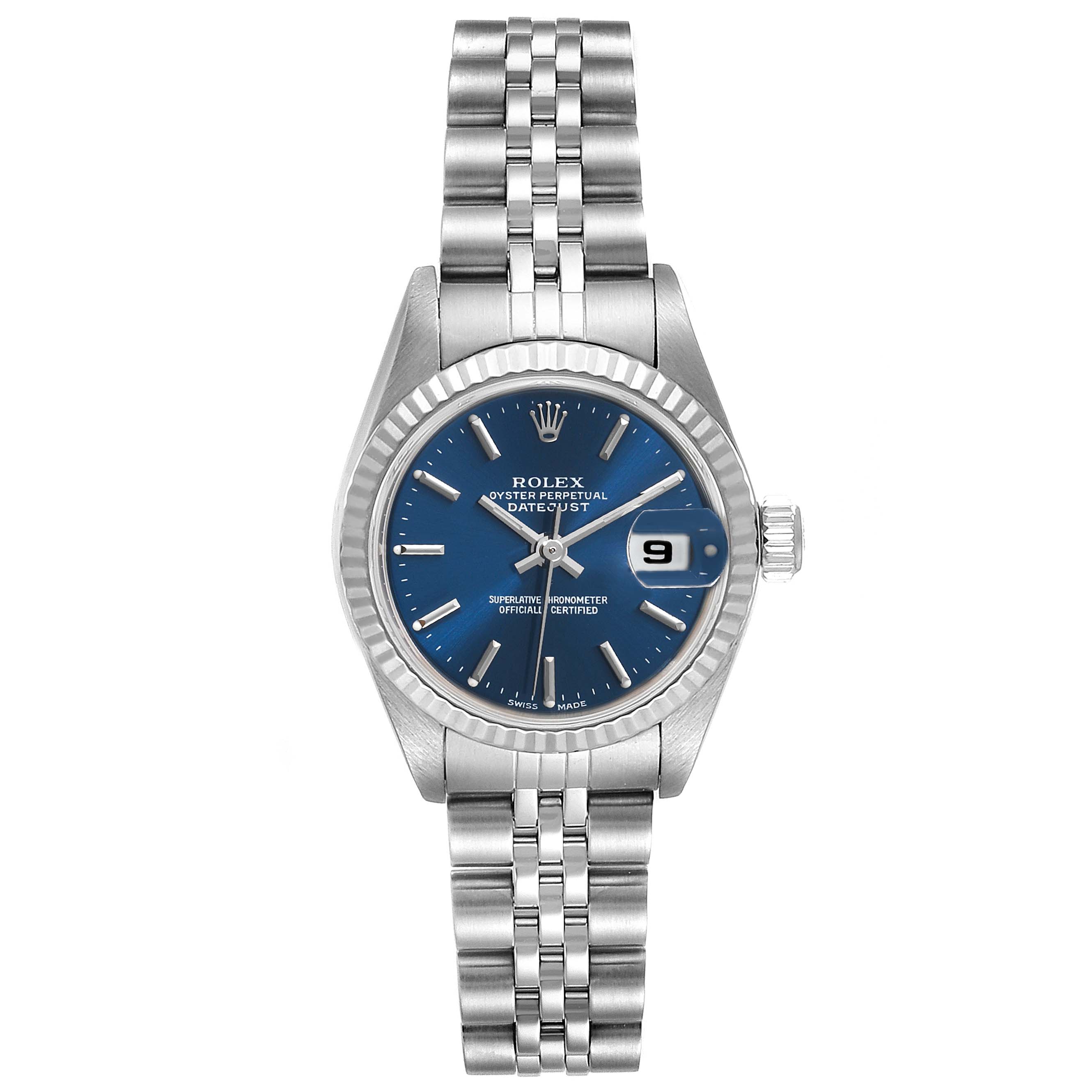 The image shows a Rolex Datejust 79174 Women's Stainless Steel Blue Dial 79174 Women's Stainless Steel Blue Dial watch from a frontal angle, highlighting its blue dial, date window, and jubilee bracelet.