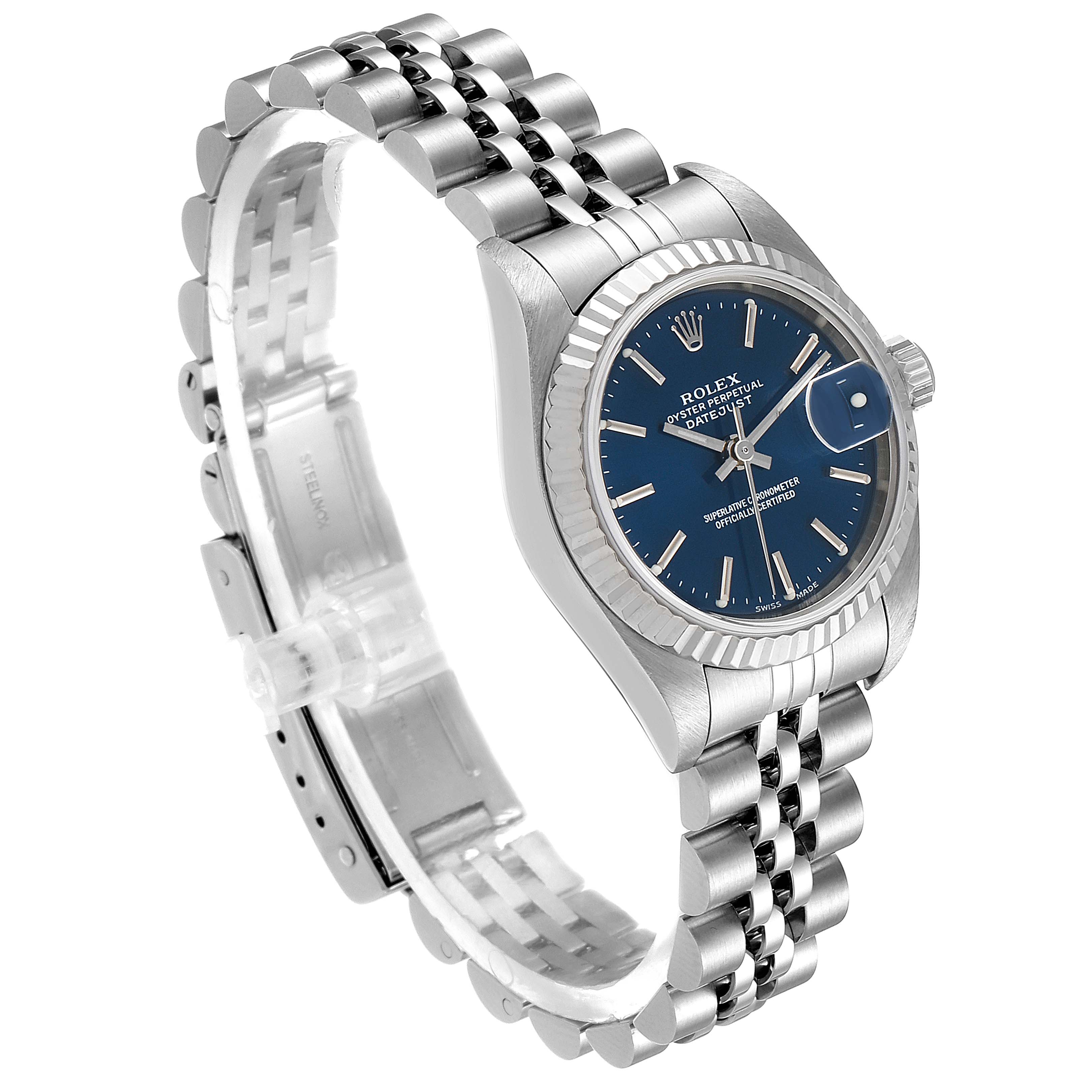 This image shows a Rolex Datejust 79174 Women's Stainless Steel Blue Dial 79174 Women's Stainless Steel Blue Dial watch at a three-quarter angle, featuring the blue dial, fluted bezel, and jubilee bracelet.