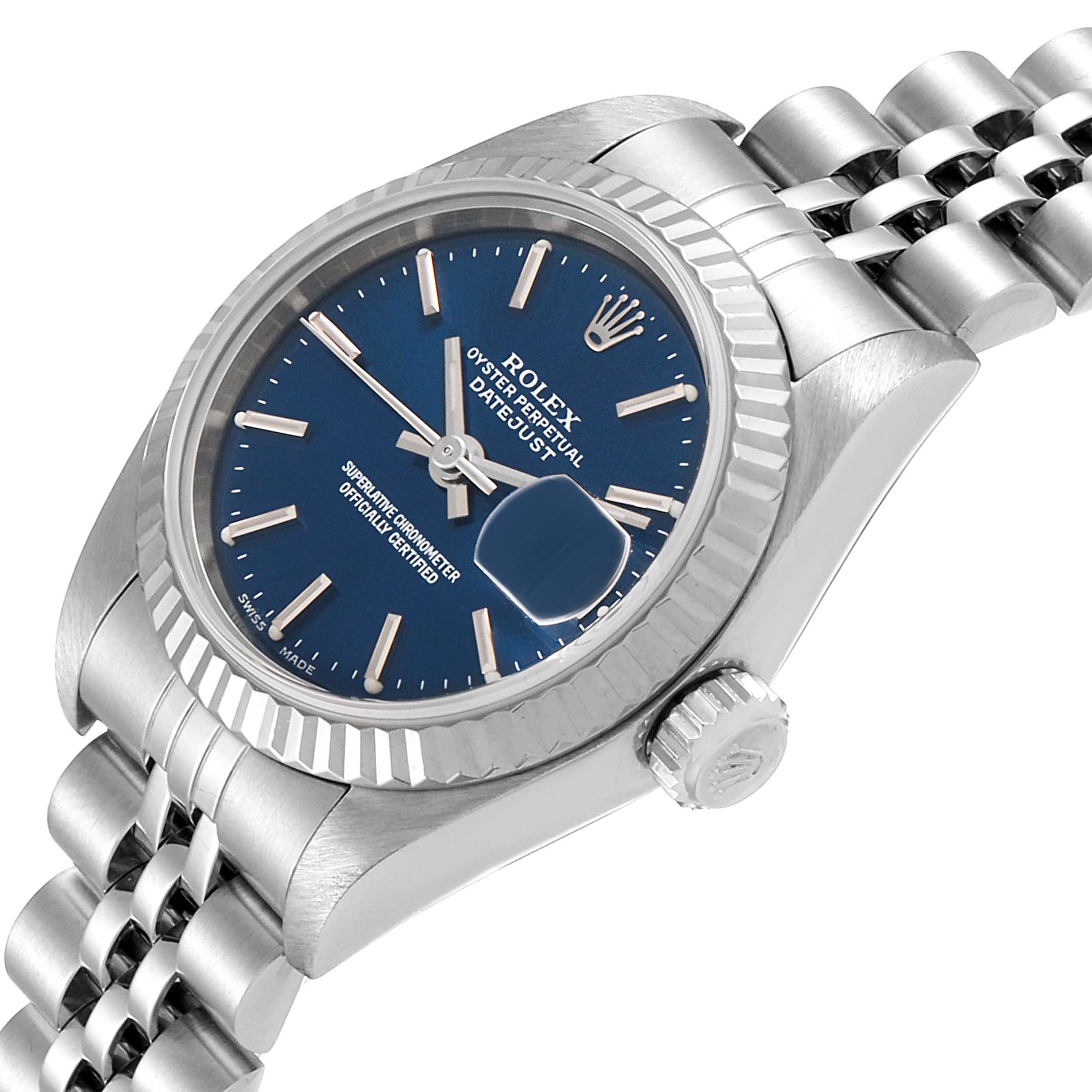 The image shows a Rolex Datejust 79174 Women's Stainless Steel Blue Dial 79174 Women's Stainless Steel Blue Dial watch from a slight side angle, highlighting the dial, bezel, crown, and Jubilee bracelet.