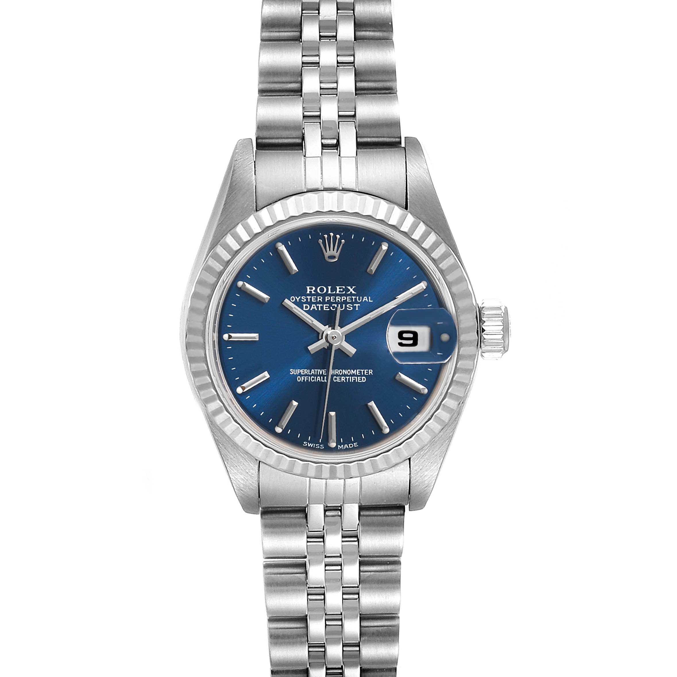 The image shows a front view of a Rolex Datejust 79174 Women's Stainless Steel Blue Dial 79174 Women's Stainless Steel Blue Dial watch, featuring a blue dial, fluted bezel, date window, and Jubilee bracelet.
