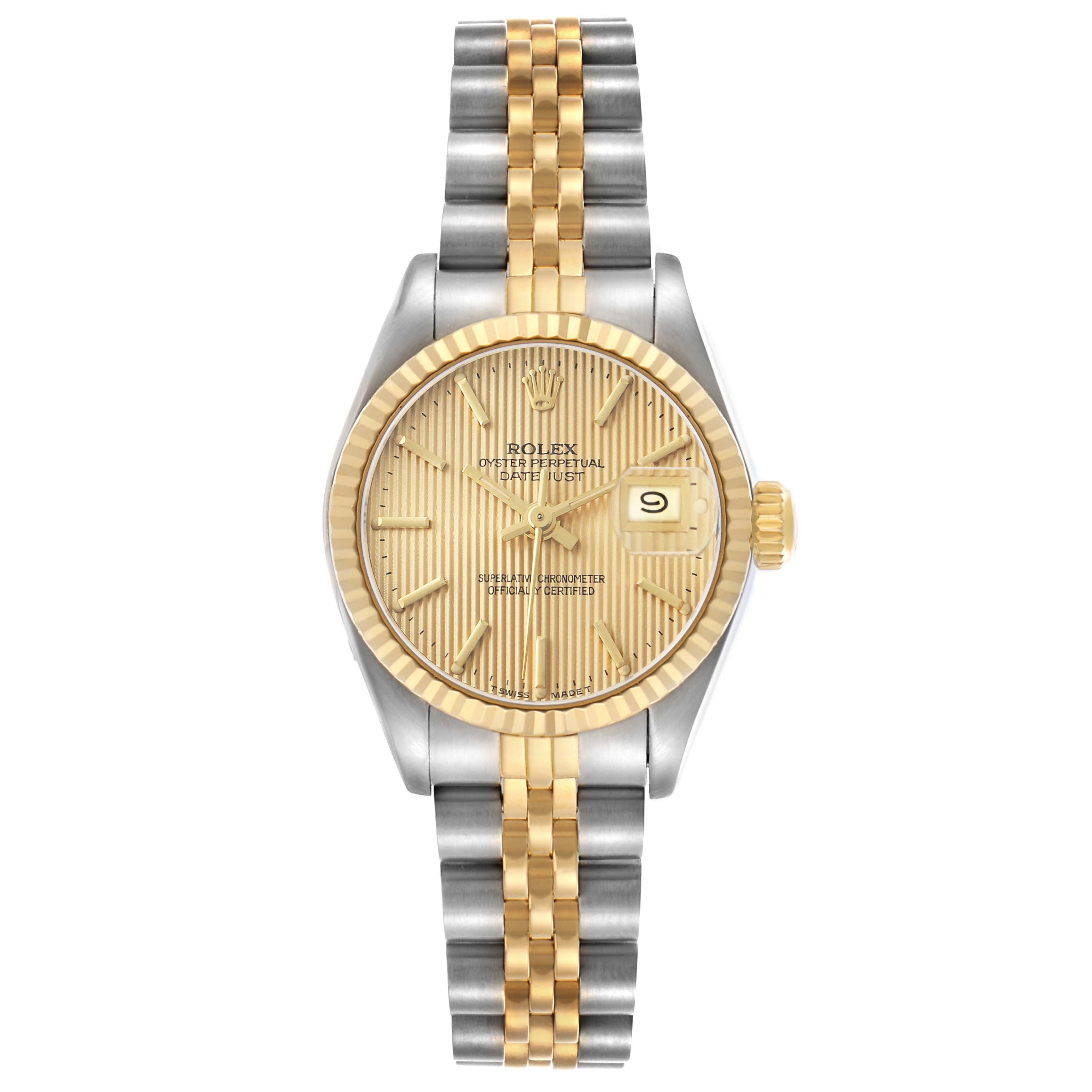 The Rolex Datejust 69173 Women's Steel and Gold (two tone) Champagne Dial watch is shown from a top view, displaying the dial, bezel, crown, and two-tone bracelet.