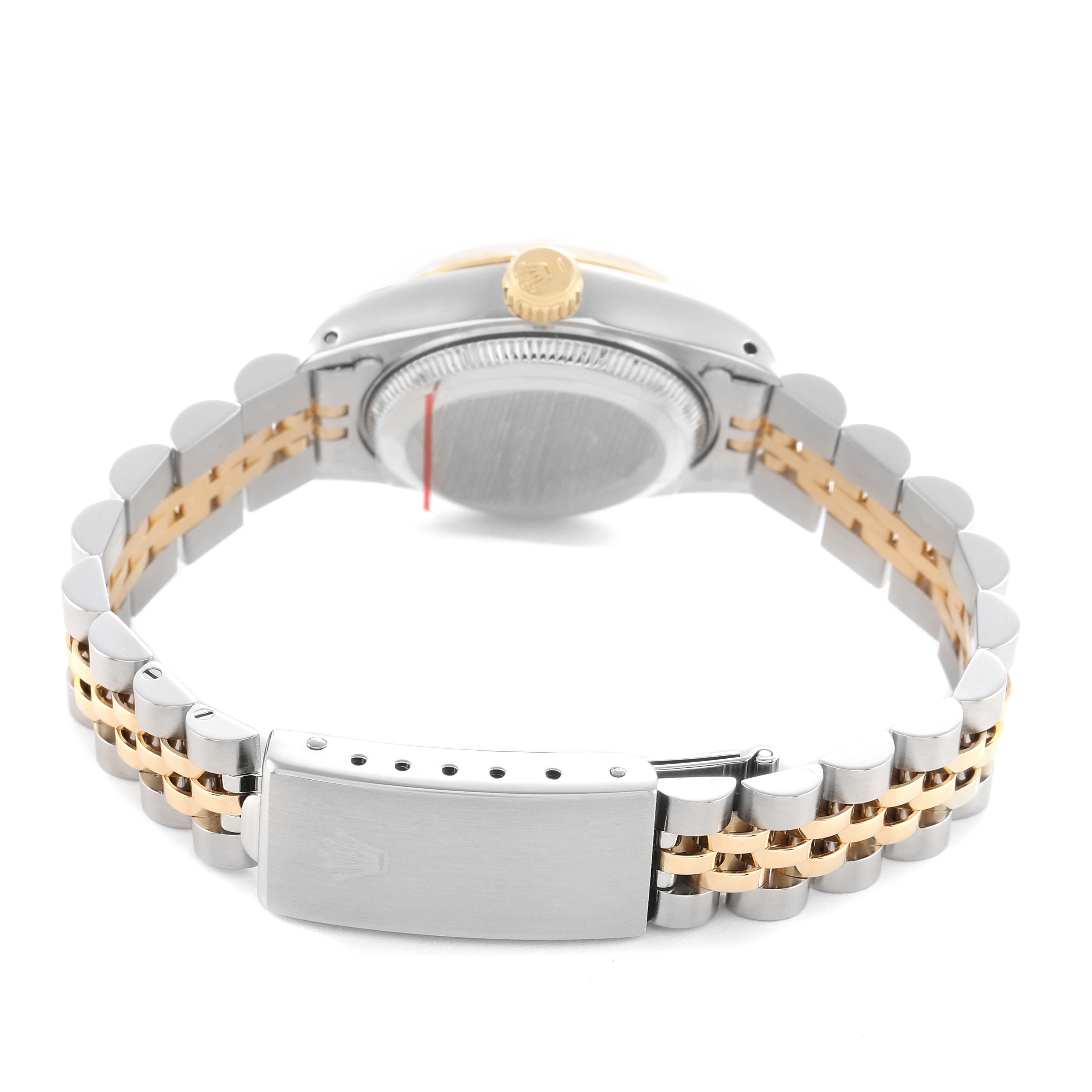 The Rolex Datejust 69173 Women's Steel and Gold (two tone) Champagne Dial watch is shown from the back, highlighting the clasp, bracelet, case back, and crown.