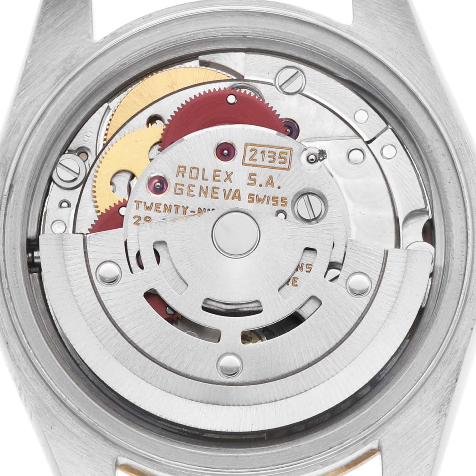 The image shows the movement of a Rolex Datejust 69173 Women's Steel and Gold (two tone) Champagne Dial watch from the back, displaying gears and the rotor mechanism.