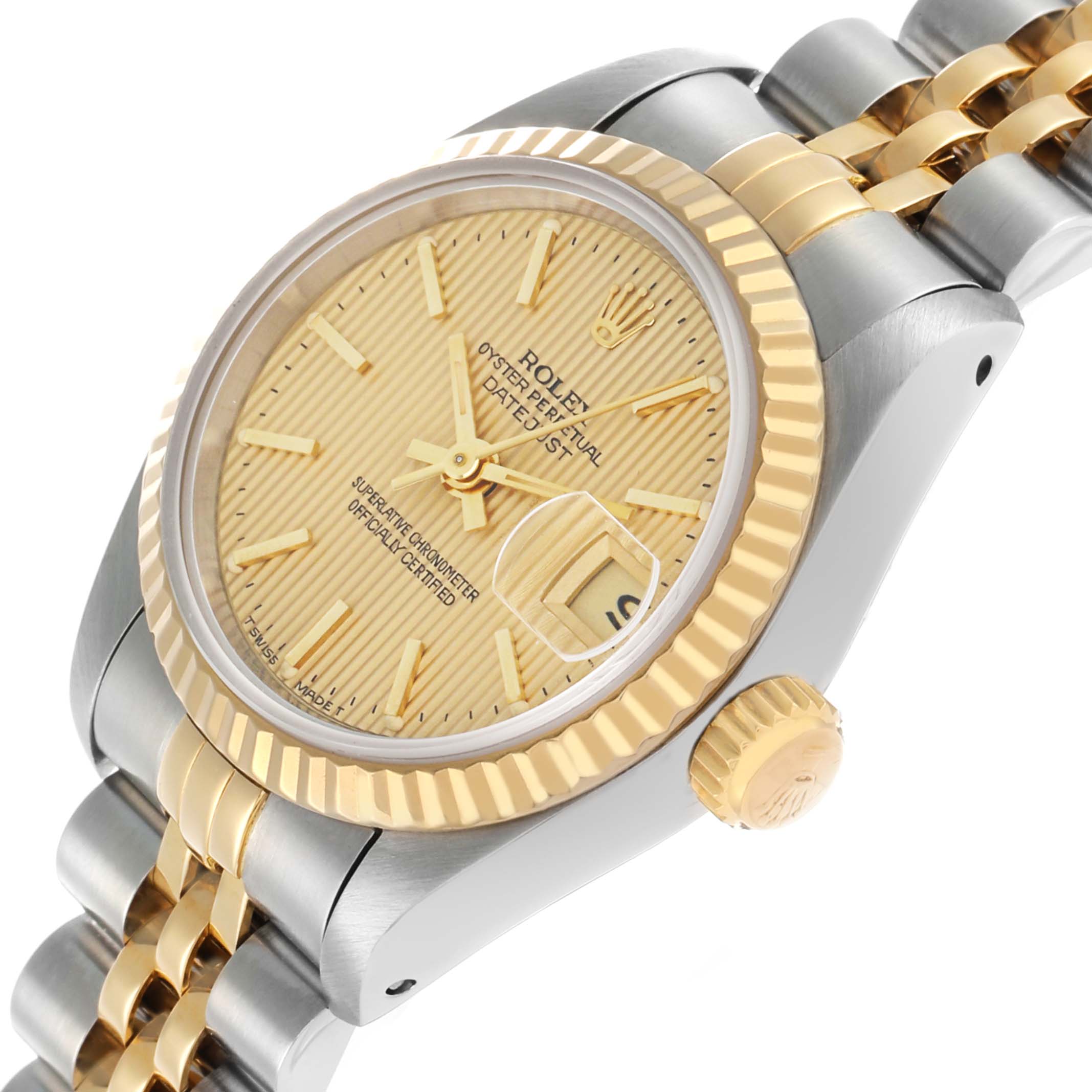 The Rolex Datejust 69173 Women's Steel and Gold (two tone) Champagne Dial watch is shown at an angled side view, highlighting the dial, bezel, crown, and bracelet.