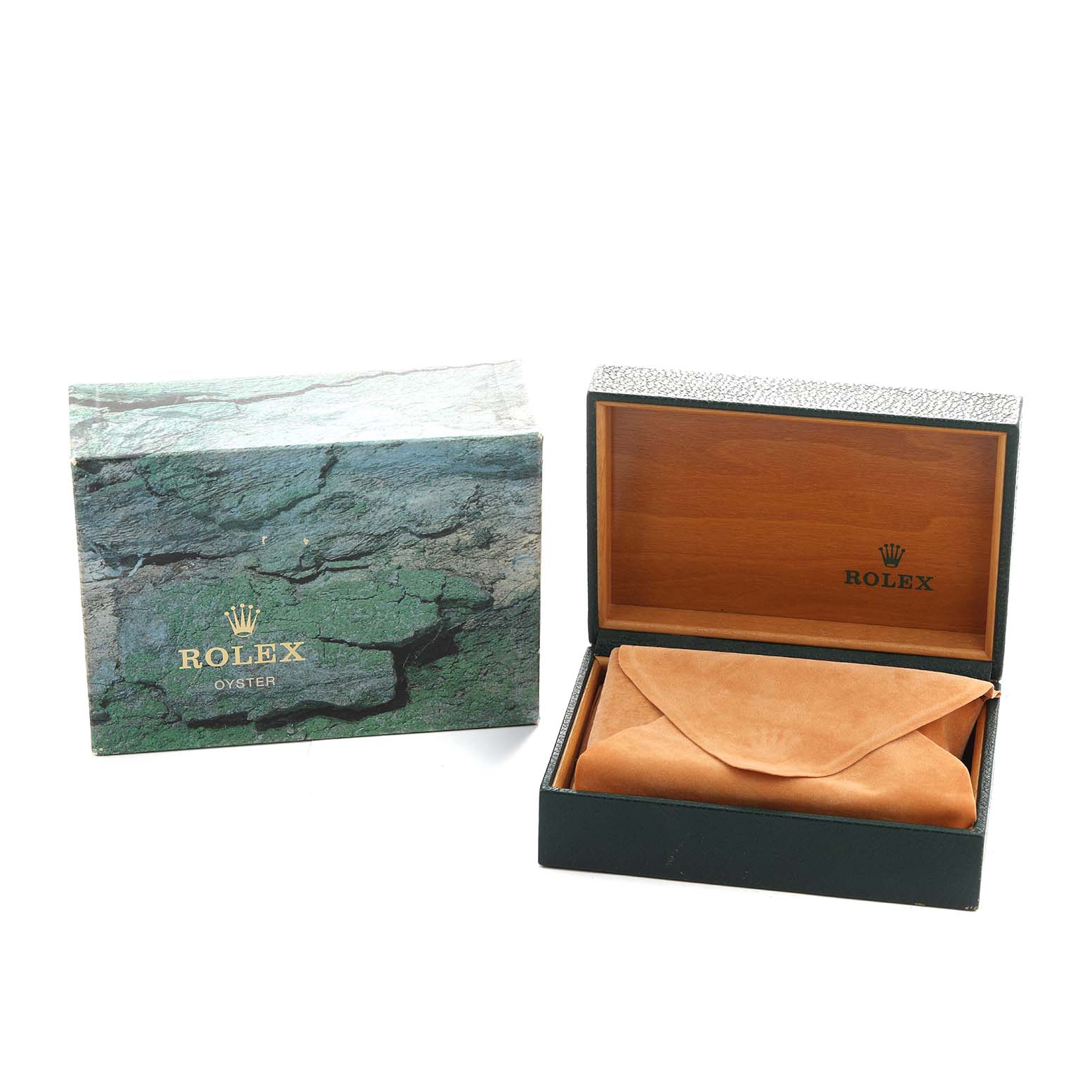 The image shows a Rolex Datejust 69173 Women's Steel and Gold (two tone) Champagne Dial watch box and pouch, with the box open and tilted, revealing the interior branding.