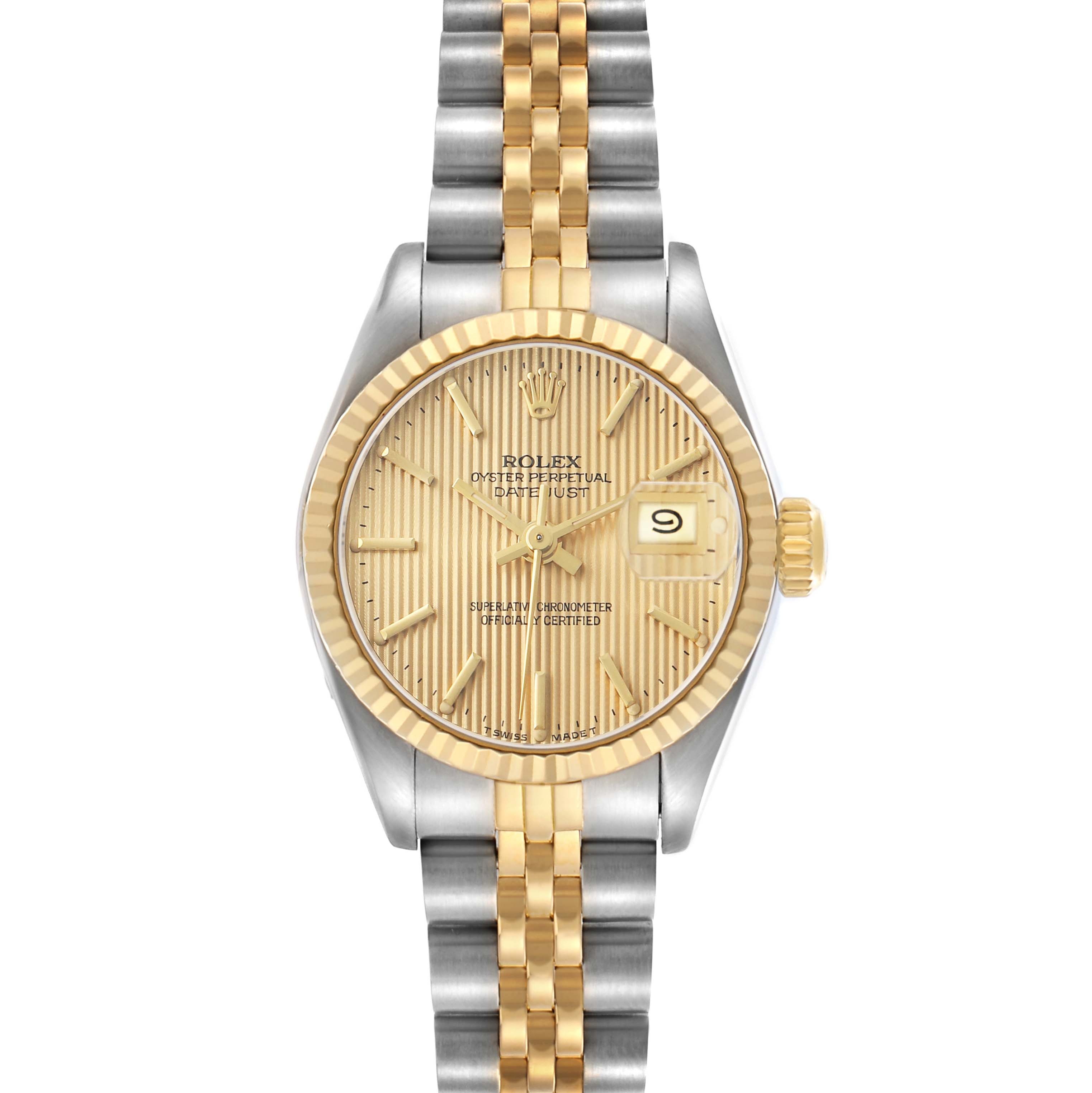 The Rolex Datejust 69173 Women's Steel and Gold (two tone) Champagne Dial watch is shown from a front angle, displaying the dial, bezel, and bracelet in two-tone metal.