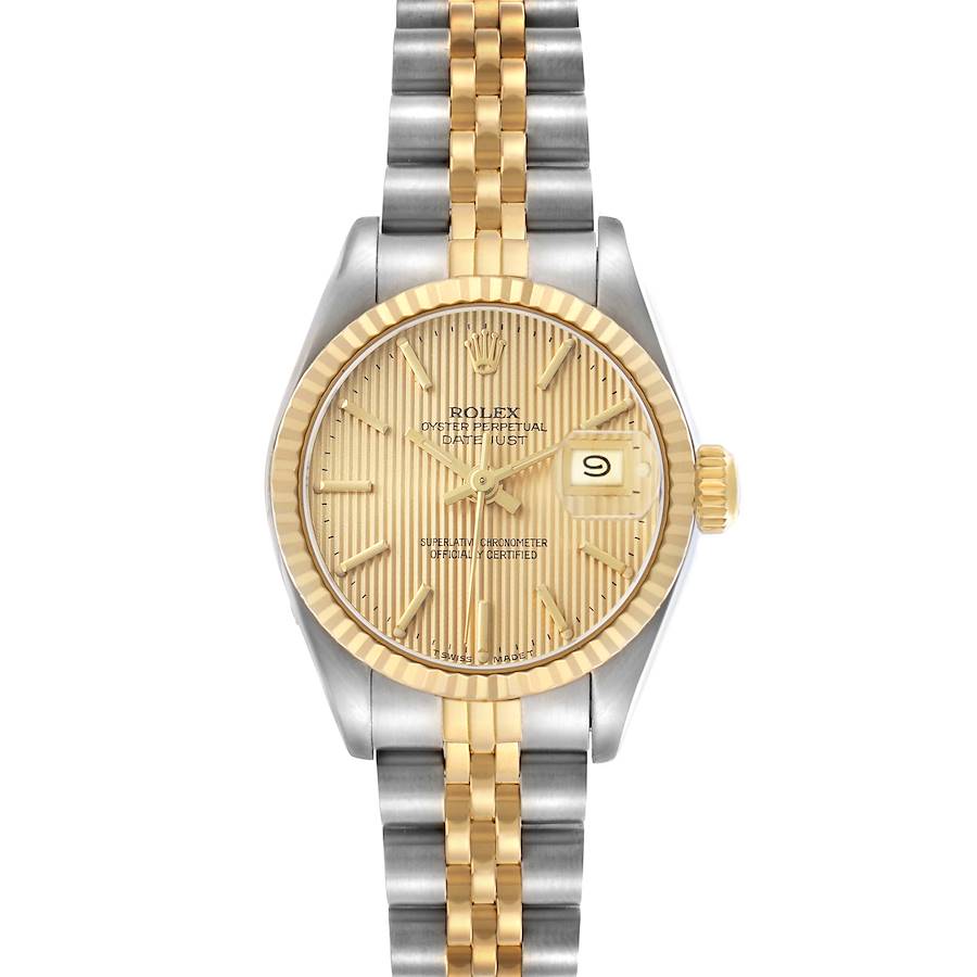 The Rolex Datejust 69173 Women's Steel and Gold (two tone) Champagne Dial watch is shown from a front angle, displaying the dial, bezel, and bracelet in two-tone metal.