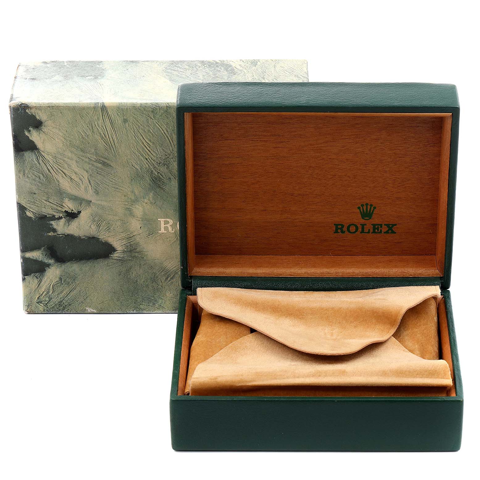 This image shows an open Rolex Datejust 69173 Women
s Steel and Gold (two tone) Champagne Dial 69173 Women
s Steel and Gold (two tone) Champagne Dial watch box with its outer packaging.