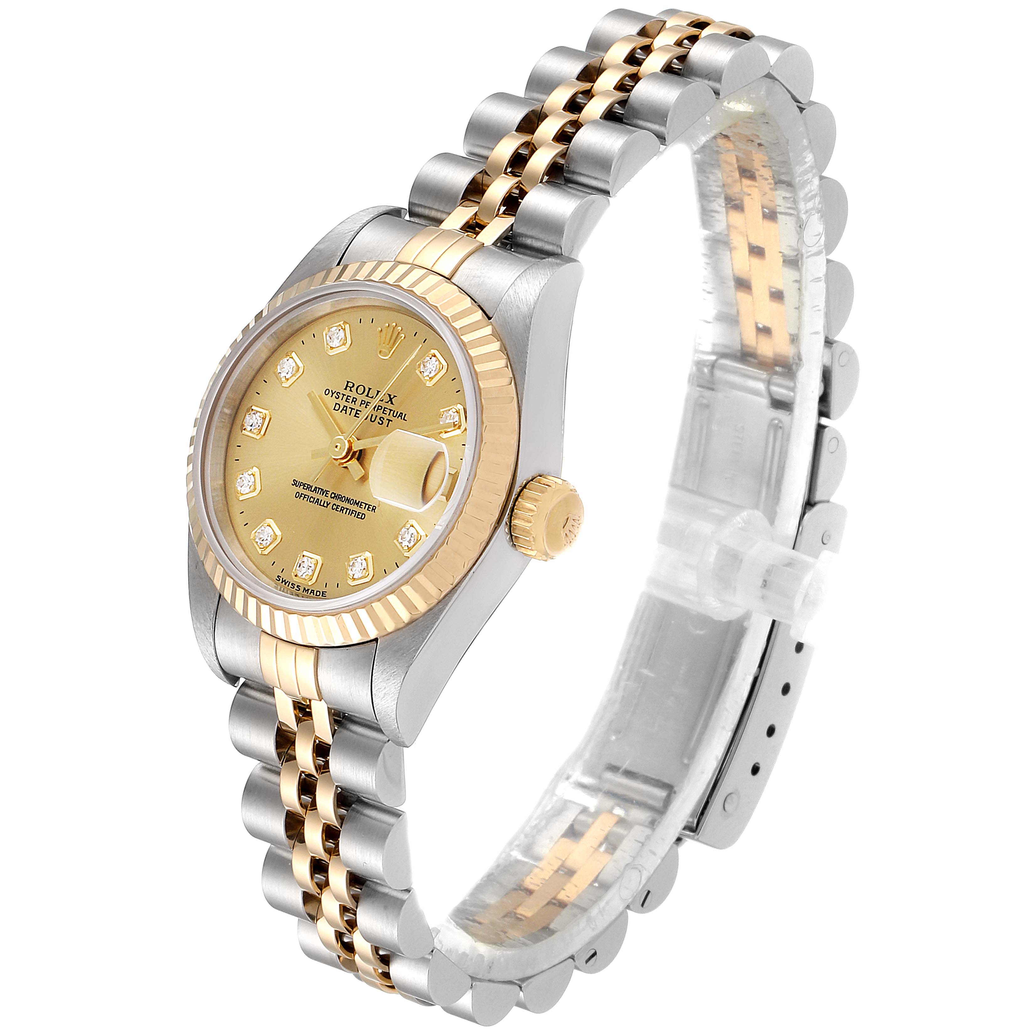 This image shows a Rolex Datejust 69173 Women
s Steel and Gold (two tone) Champagne Dial 69173 Women
s Steel and Gold (two tone) Champagne Dial watch at a 3/4 angle, highlighting the face, bezel, crown, and bracelet.