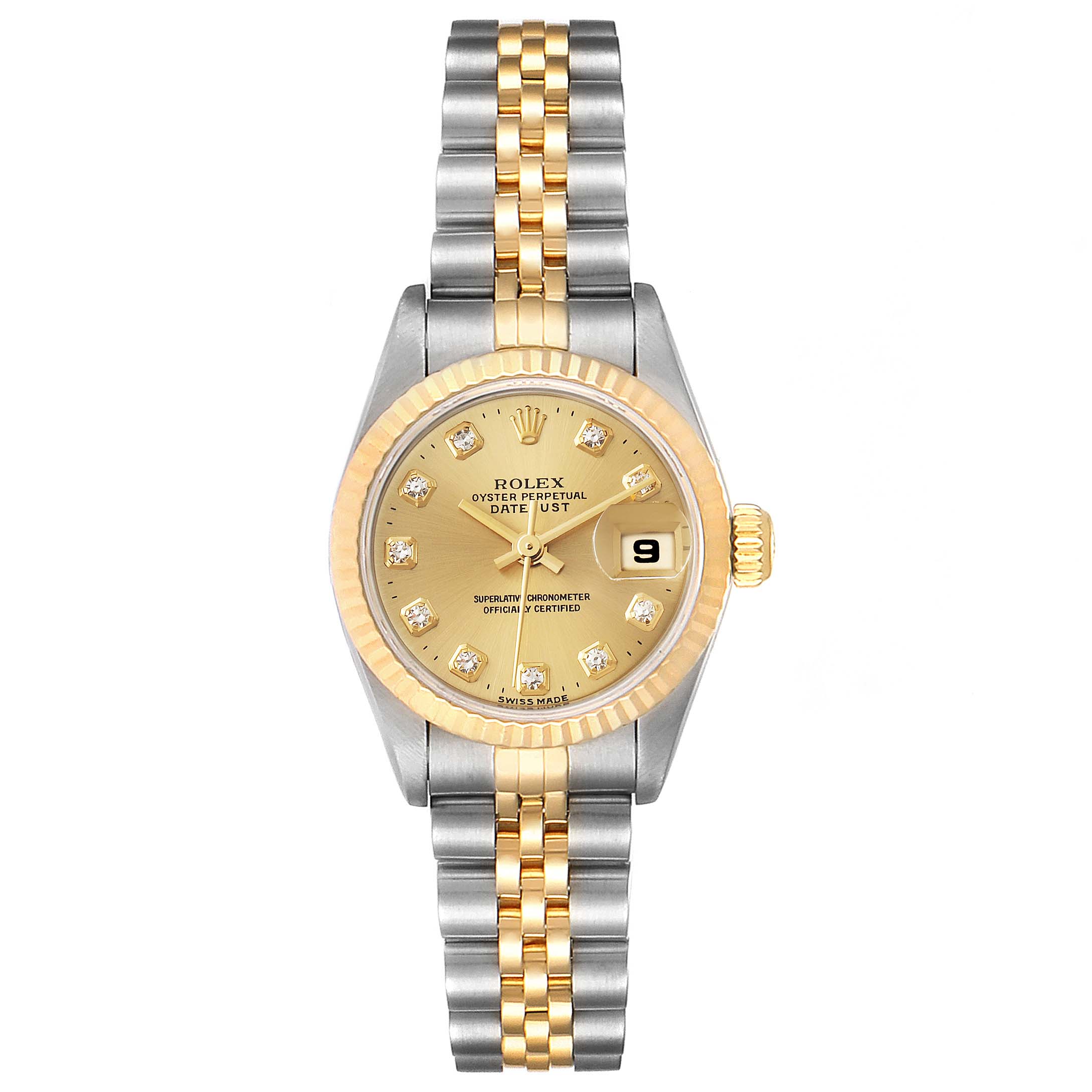This image shows a frontal view of a Rolex Datejust 69173 Women
s Steel and Gold (two tone) Champagne Dial 69173 Women
s Steel and Gold (two tone) Champagne Dial watch, highlighting its gold bezel, dial, and two-tone bracelet.