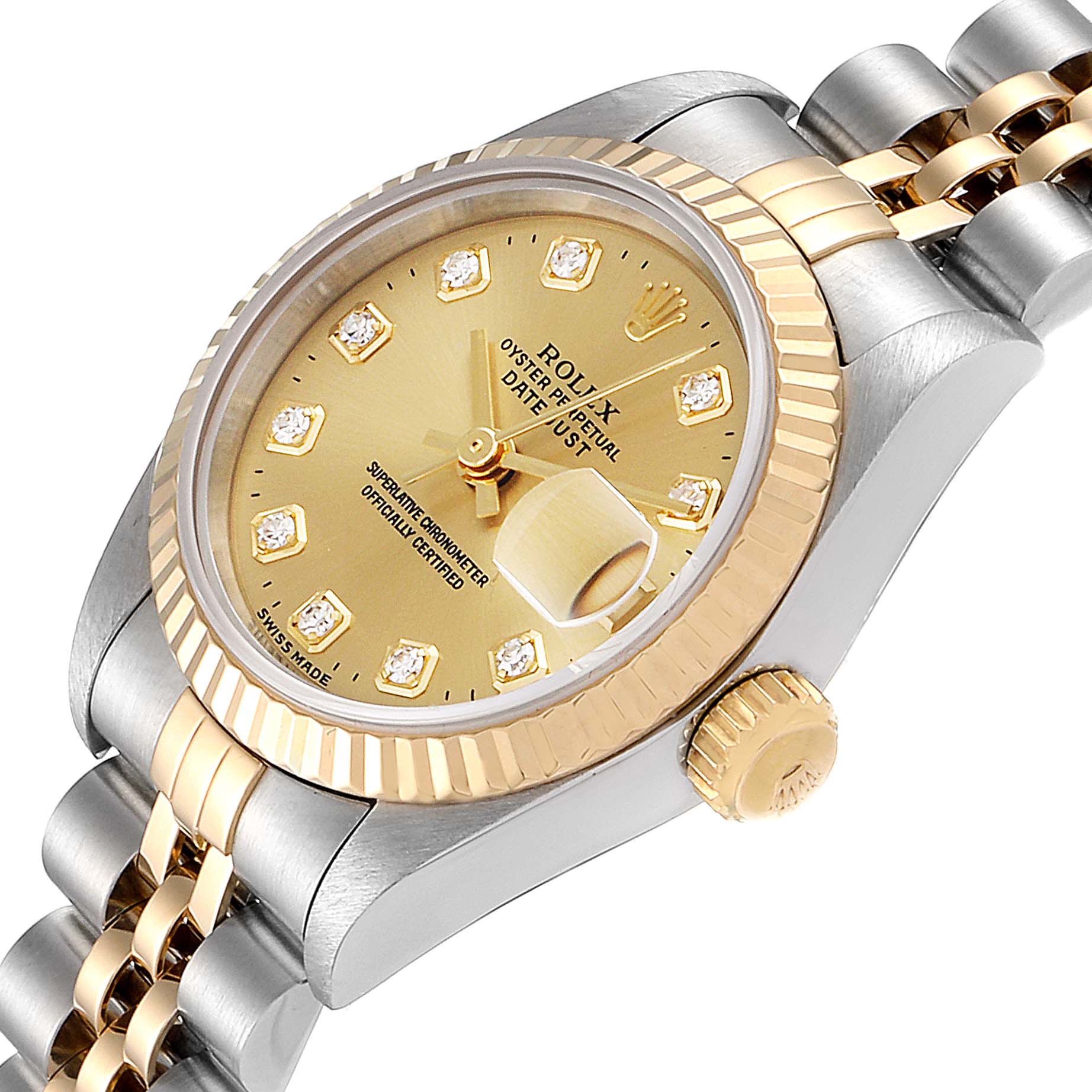 The image shows a Rolex Datejust 69173 Women
s Steel and Gold (two tone) Champagne Dial 69173 Women
s Steel and Gold (two tone) Champagne Dial watch at an angle highlighting the golden dial, fluted bezel, and two-tone bracelet.