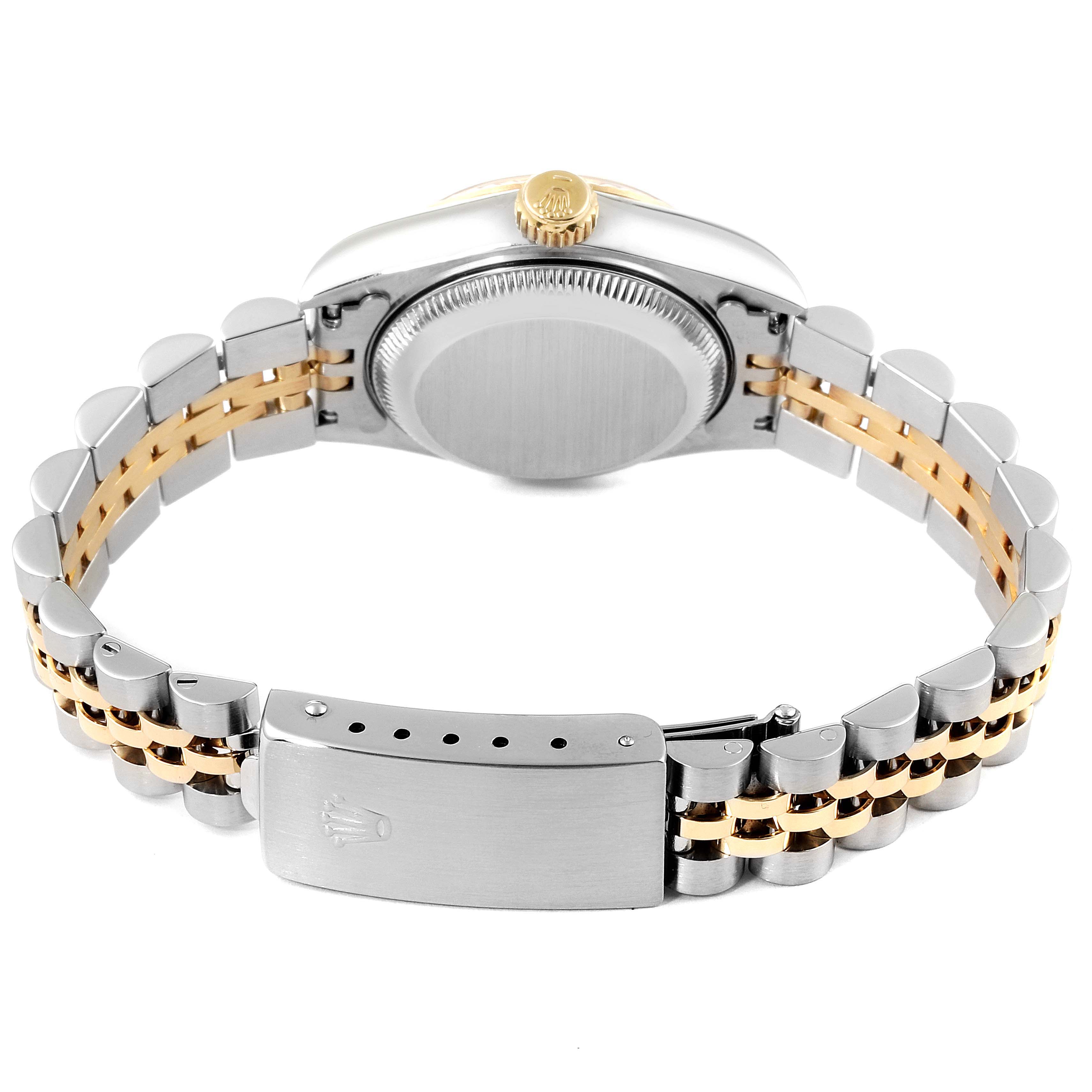 This image shows the back view of a Rolex Datejust 69173 Women
s Steel and Gold (two tone) Champagne Dial 69173 Women
s Steel and Gold (two tone) Champagne Dial watch, including its case, crown, and two-tone bracelet with clasp.