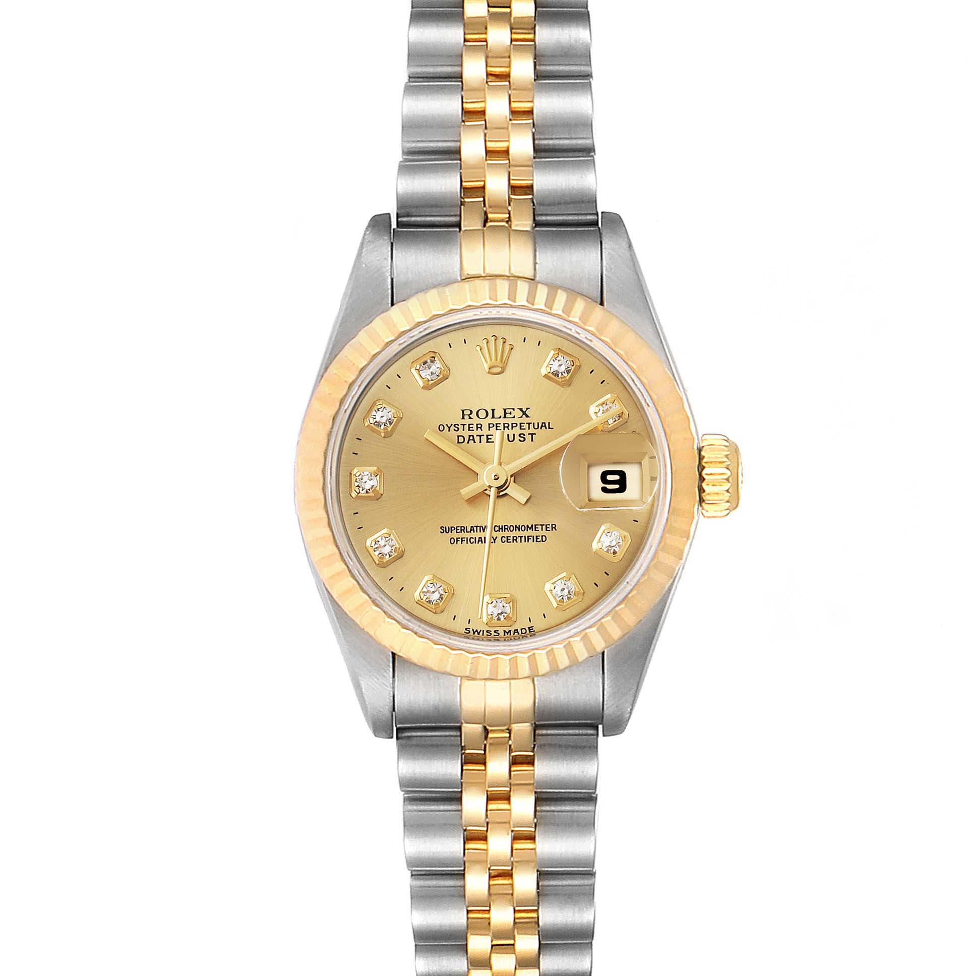 The Rolex Datejust 69173 Women
s Steel and Gold (two tone) Champagne Dial 69173 Women
s Steel and Gold (two tone) Champagne Dial watch is shown from a top view, displaying the dial, bezel, crown, and bracelet.