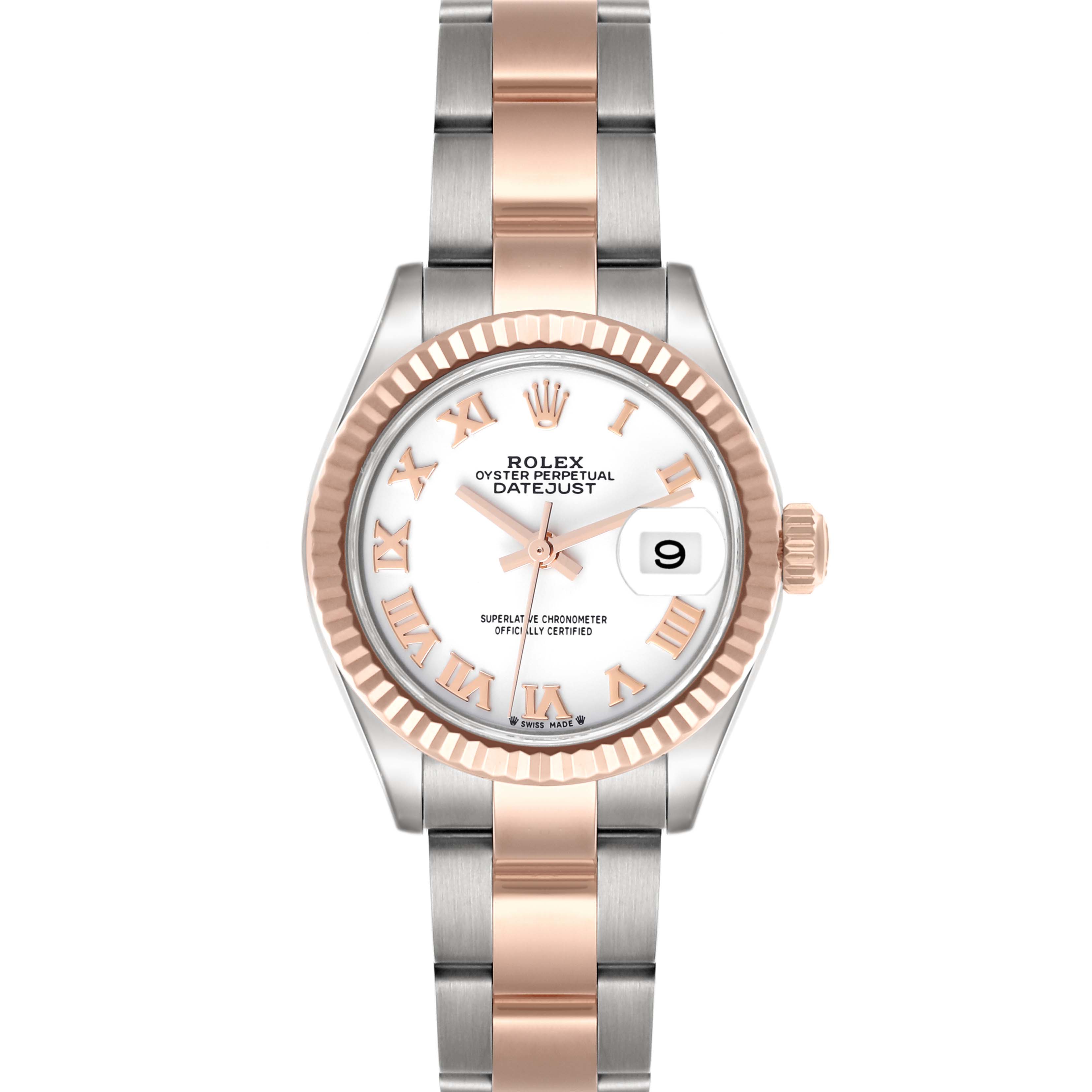 The Rolex Datejust 279171 Women
s Steel and Gold (two tone) White Dial 279171 Women
s Steel and Gold (two tone) White Dial watch is shown from the front, displaying the dial, bezel, and bracelet.