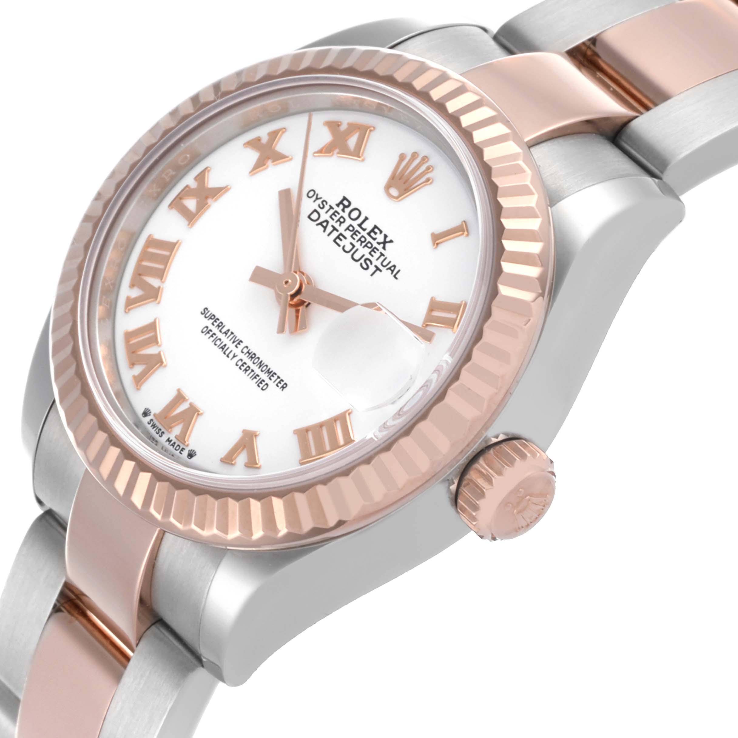 The Rolex Datejust 279171 Women
s Steel and Gold (two tone) White Dial 279171 Women
s Steel and Gold (two tone) White Dial watch is shown at an angled side view, highlighting the bezel, crown, and part of the bracelet.