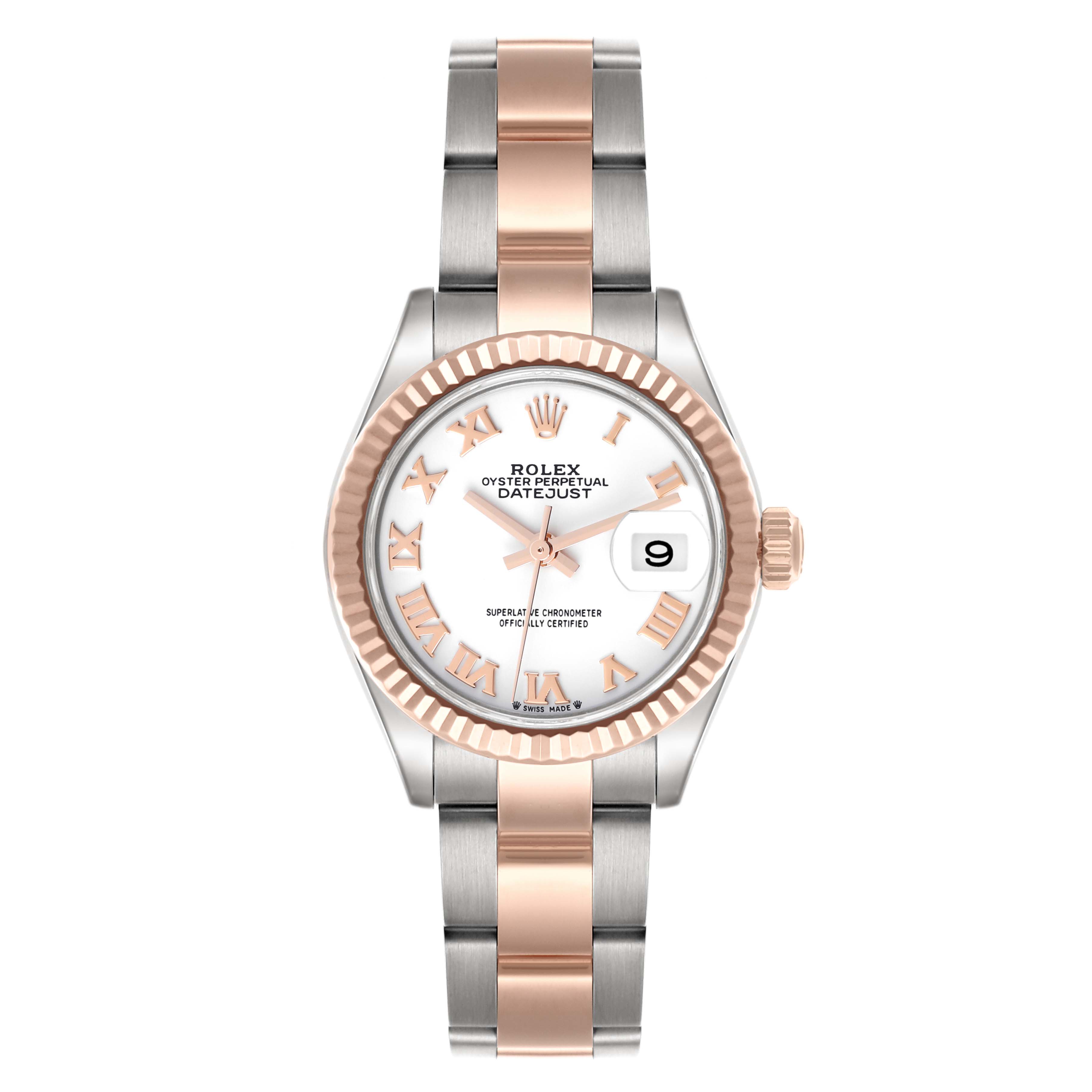 The Rolex Datejust 279171 Women
s Steel and Gold (two tone) White Dial 279171 Women
s Steel and Gold (two tone) White Dial watch is shown from a top-down angle, displaying the face, bezel, crown, and full bracelet.