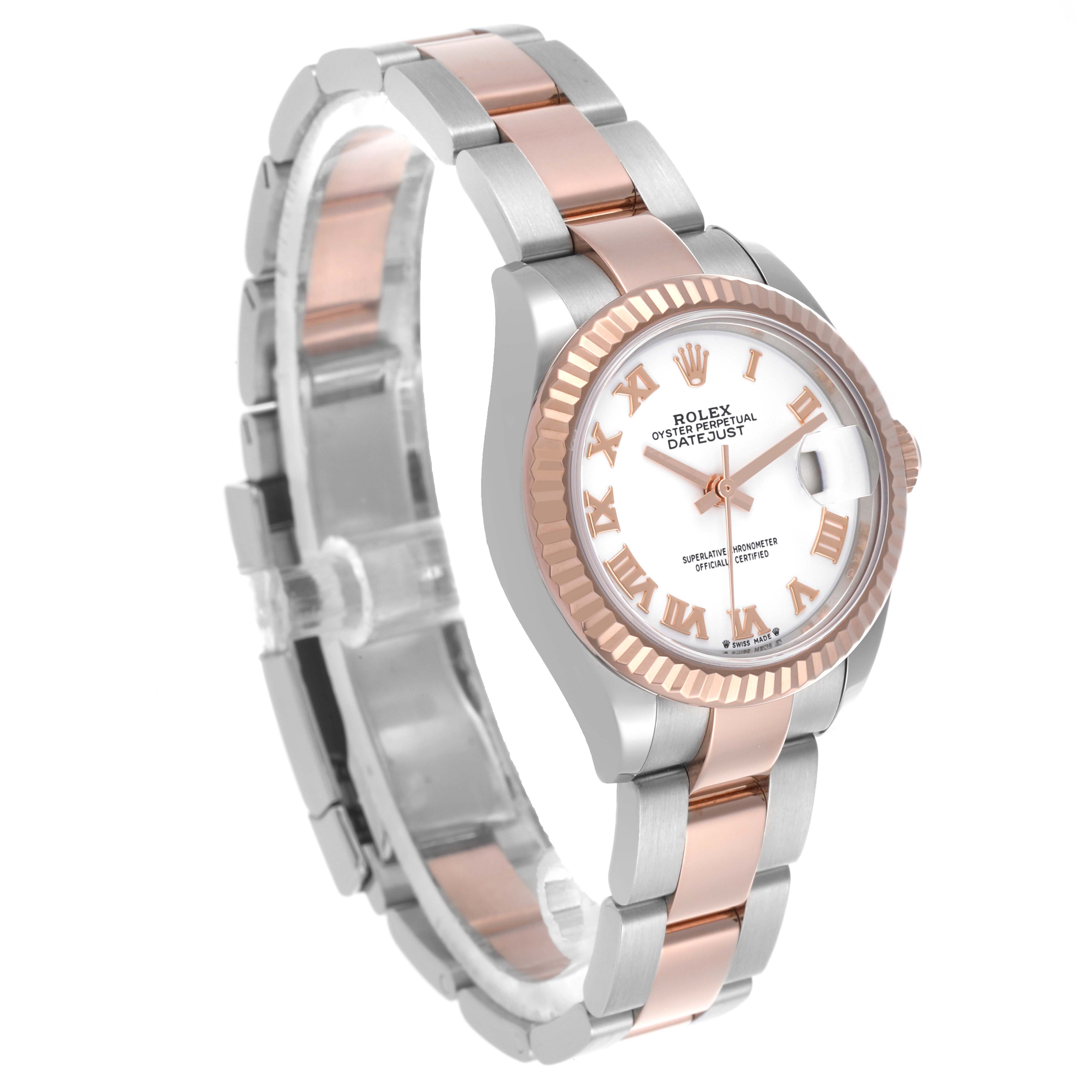 The Rolex Datejust 279171 Women
s Steel and Gold (two tone) White Dial 279171 Women
s Steel and Gold (two tone) White Dial watch is shown at a three-quarter angle, displaying the bezel, dial, bracelet, and part of the clasp.