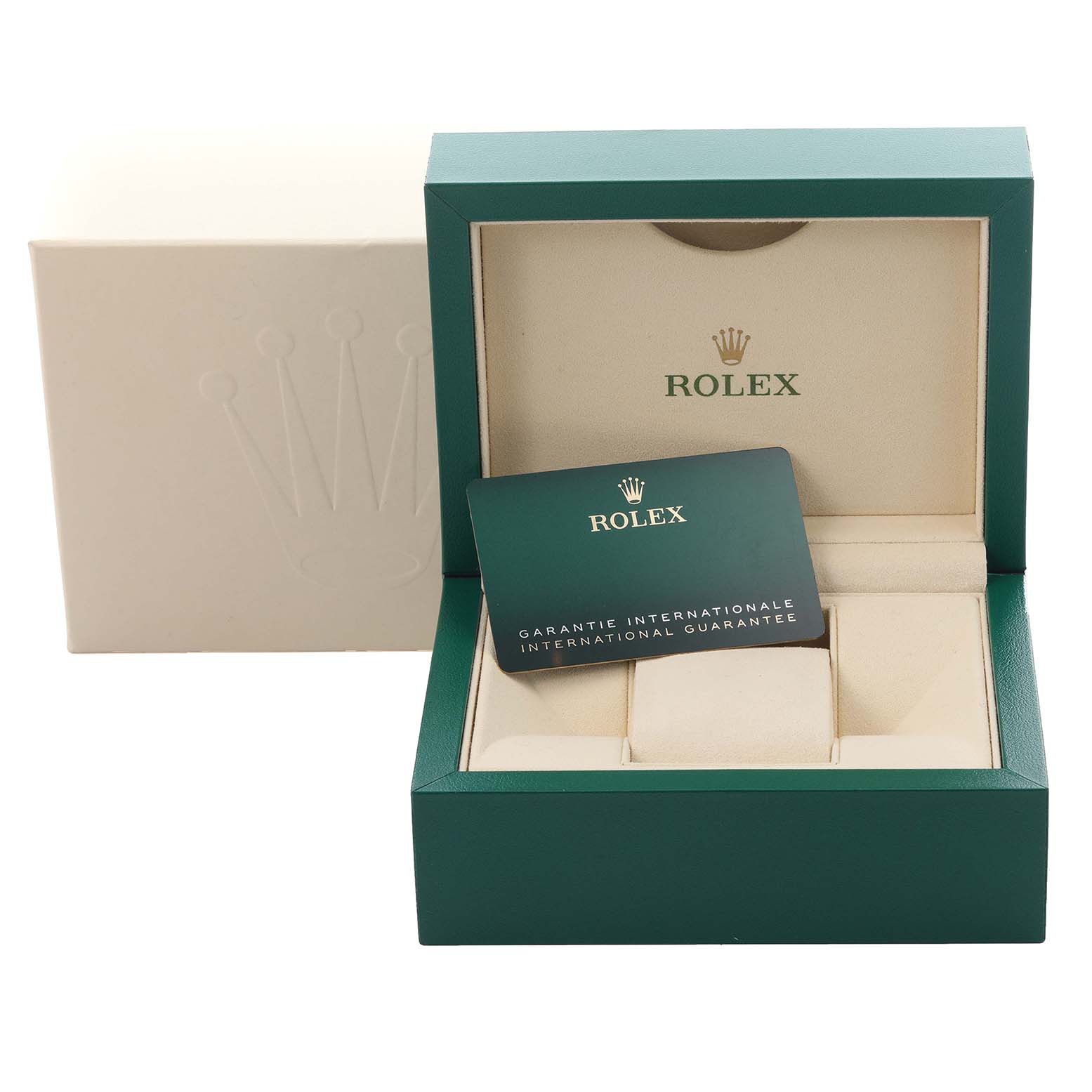 The image shows a Rolex Datejust 279171 Women
s Steel and Gold (two tone) White Dial 279171 Women
s Steel and Gold (two tone) White Dial watch box and international guarantee card from a front angle.