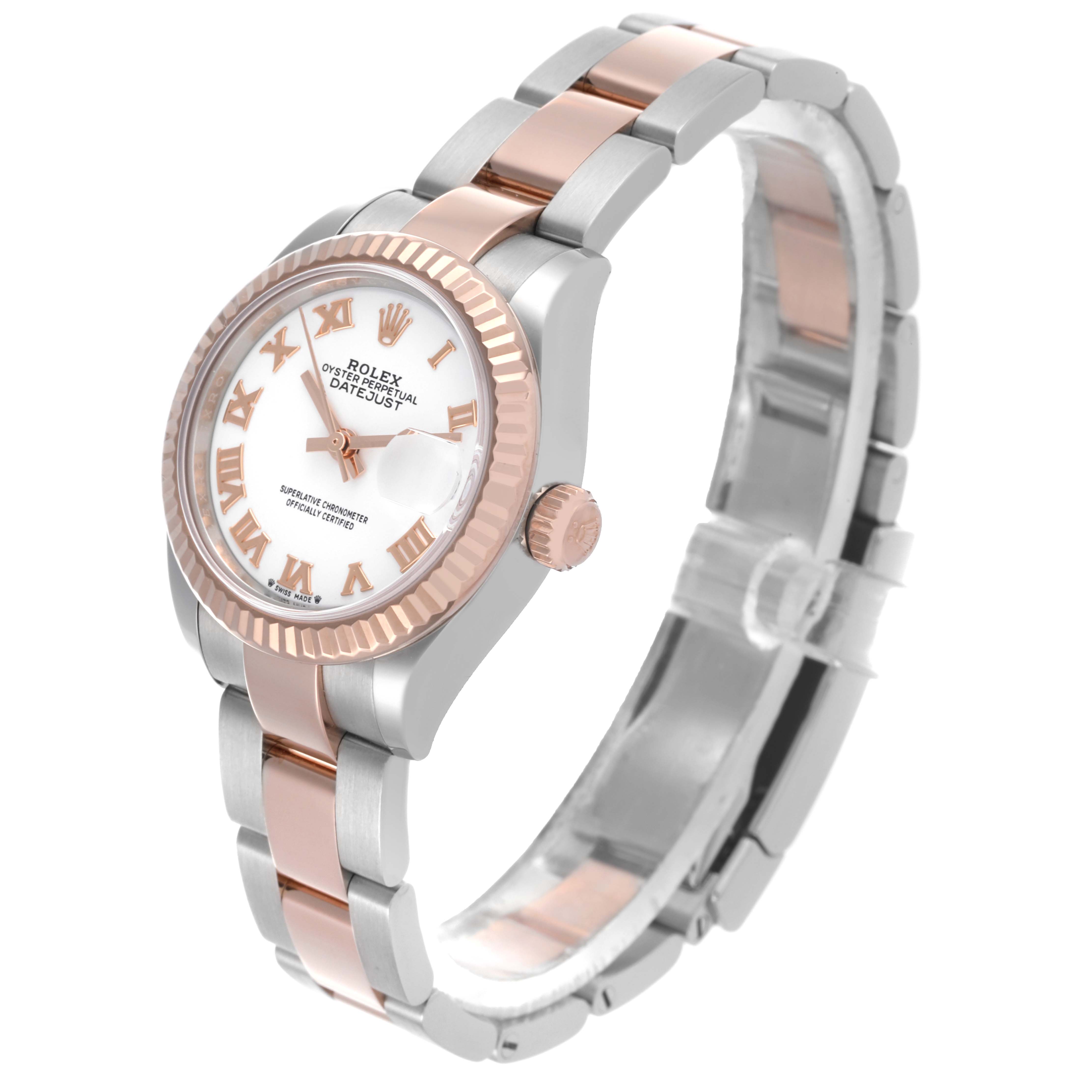 The Rolex Datejust 279171 Women
s Steel and Gold (two tone) White Dial 279171 Women
s Steel and Gold (two tone) White Dial watch is shown at an angle highlighting the face, bezel, crown, and part of the band.