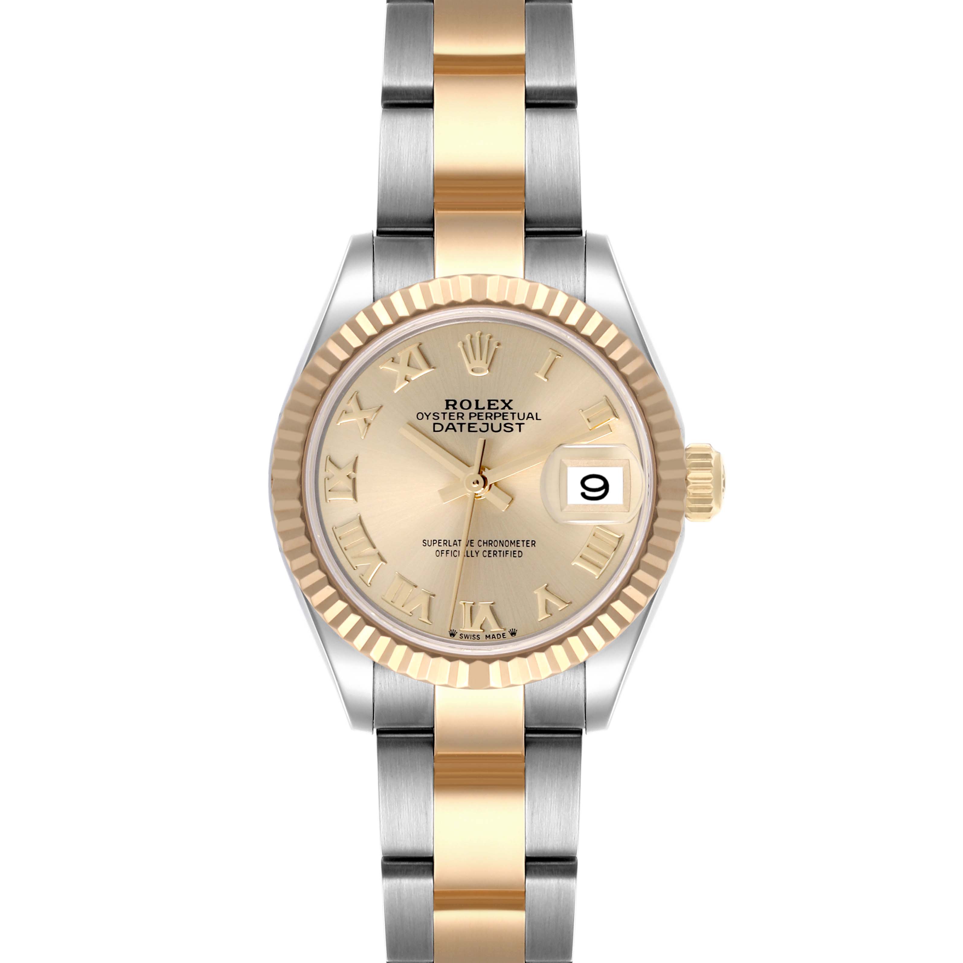 The Rolex Datejust 279173 Women's Steel and Gold (two tone) Champagne Dial 279173 Women's Steel and Gold (two tone) Champagne Dial watch is shown from a frontal angle, displaying its dial, bezel, and bracelet.