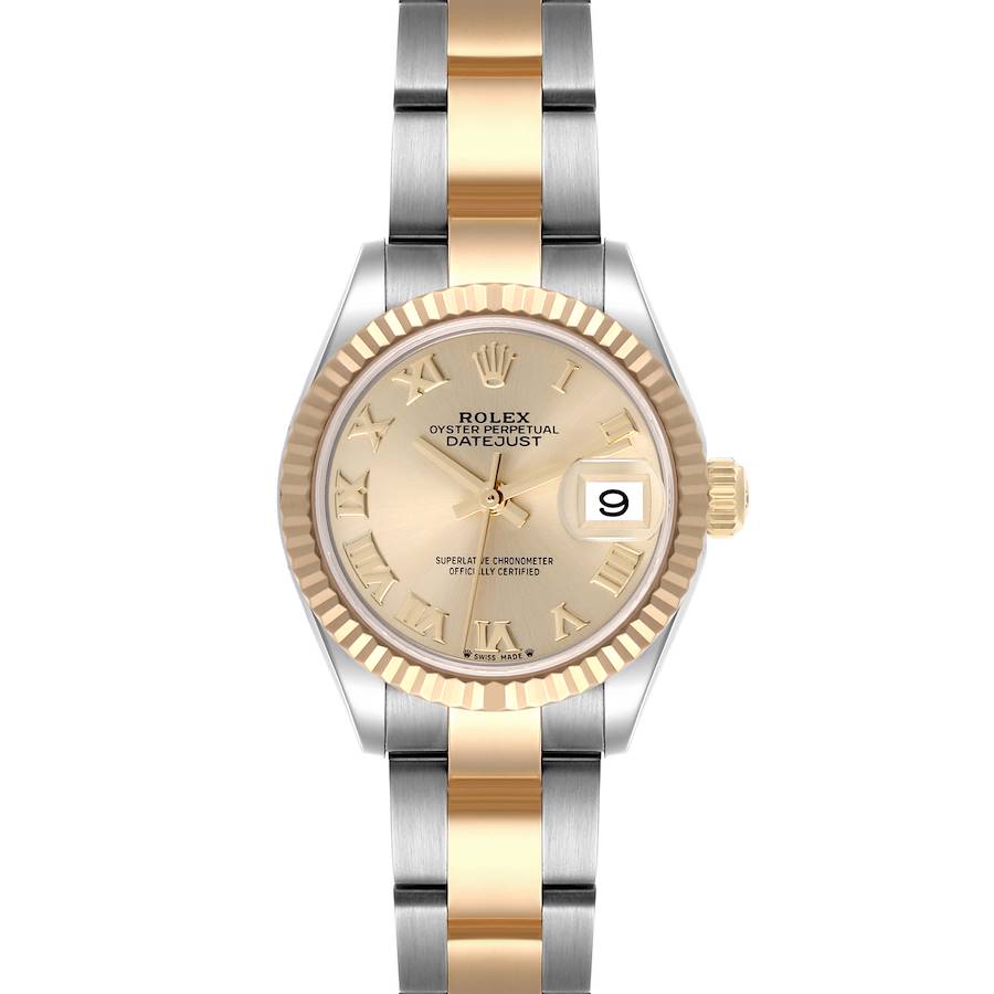 The Rolex Datejust watch is shown from a frontal angle, displaying its dial, bezel, and bracelet.