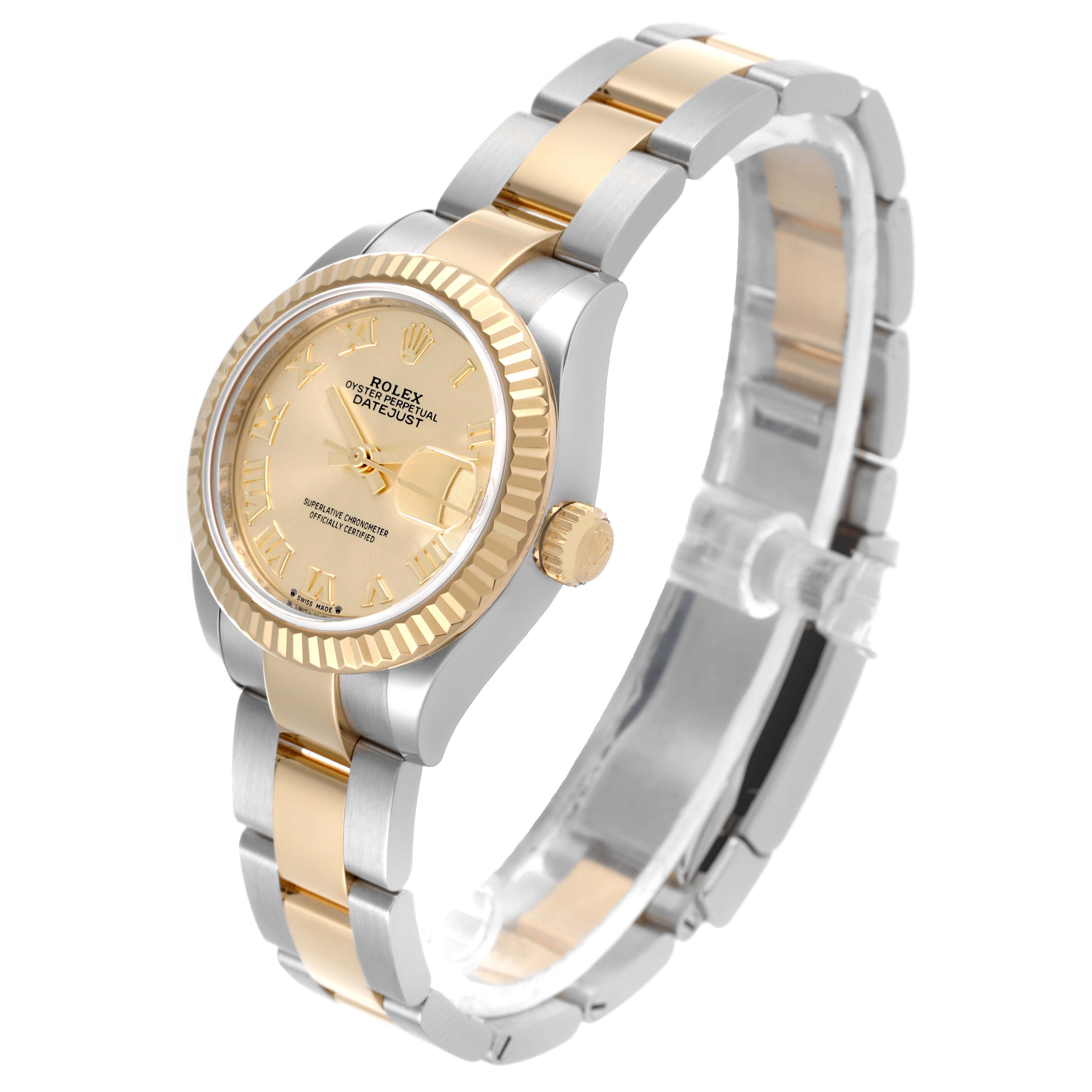 The Rolex Datejust 279173 Women's Steel and Gold (two tone) Champagne Dial 279173 Women's Steel and Gold (two tone) Champagne Dial watch is shown at a side angle, highlighting its gold and silver bracelet and bezel.
