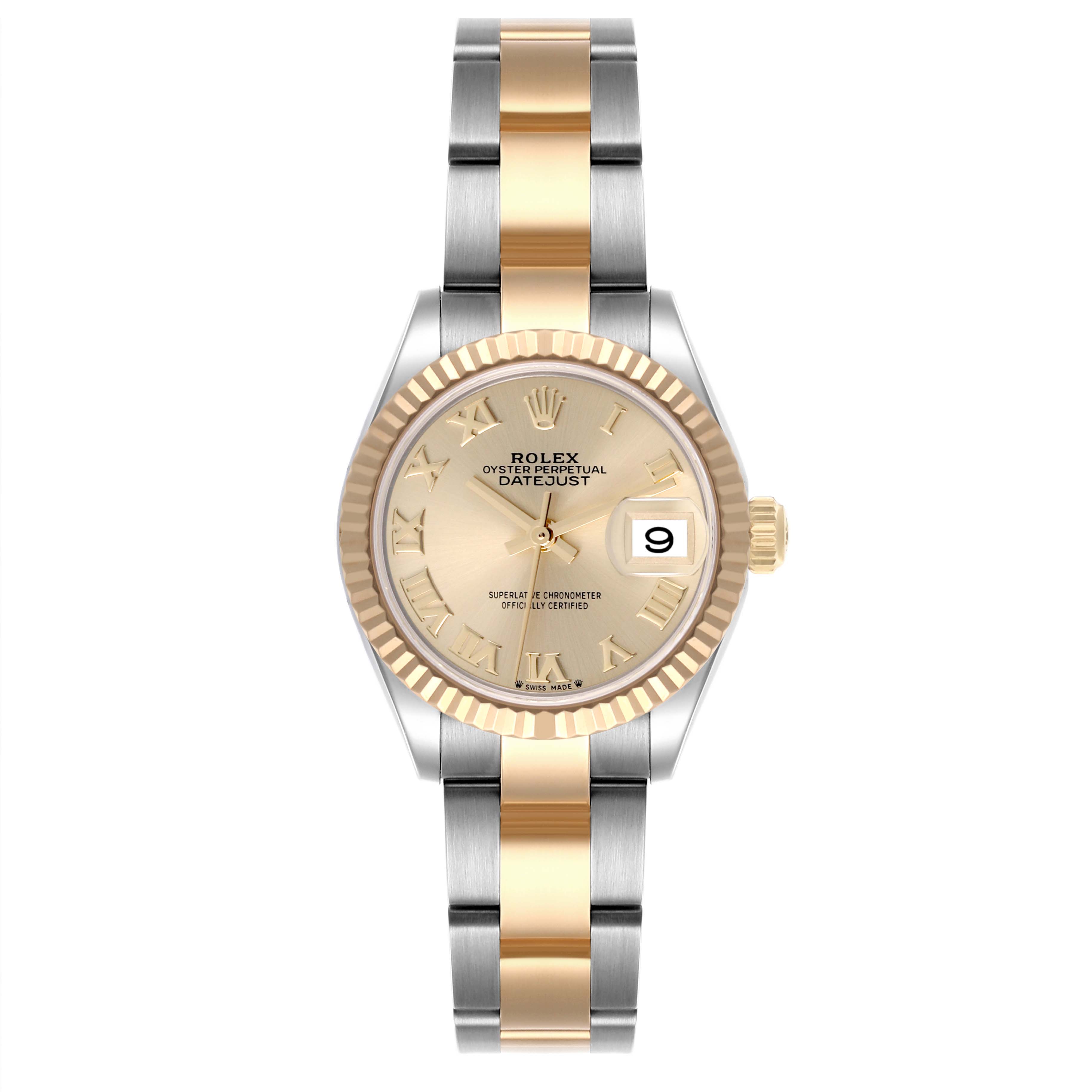 The Rolex Datejust 279173 Women's Steel and Gold (two tone) Champagne Dial 279173 Women's Steel and Gold (two tone) Champagne Dial watch is shown from the front, displaying its face, bezel, and two-tone bracelet.