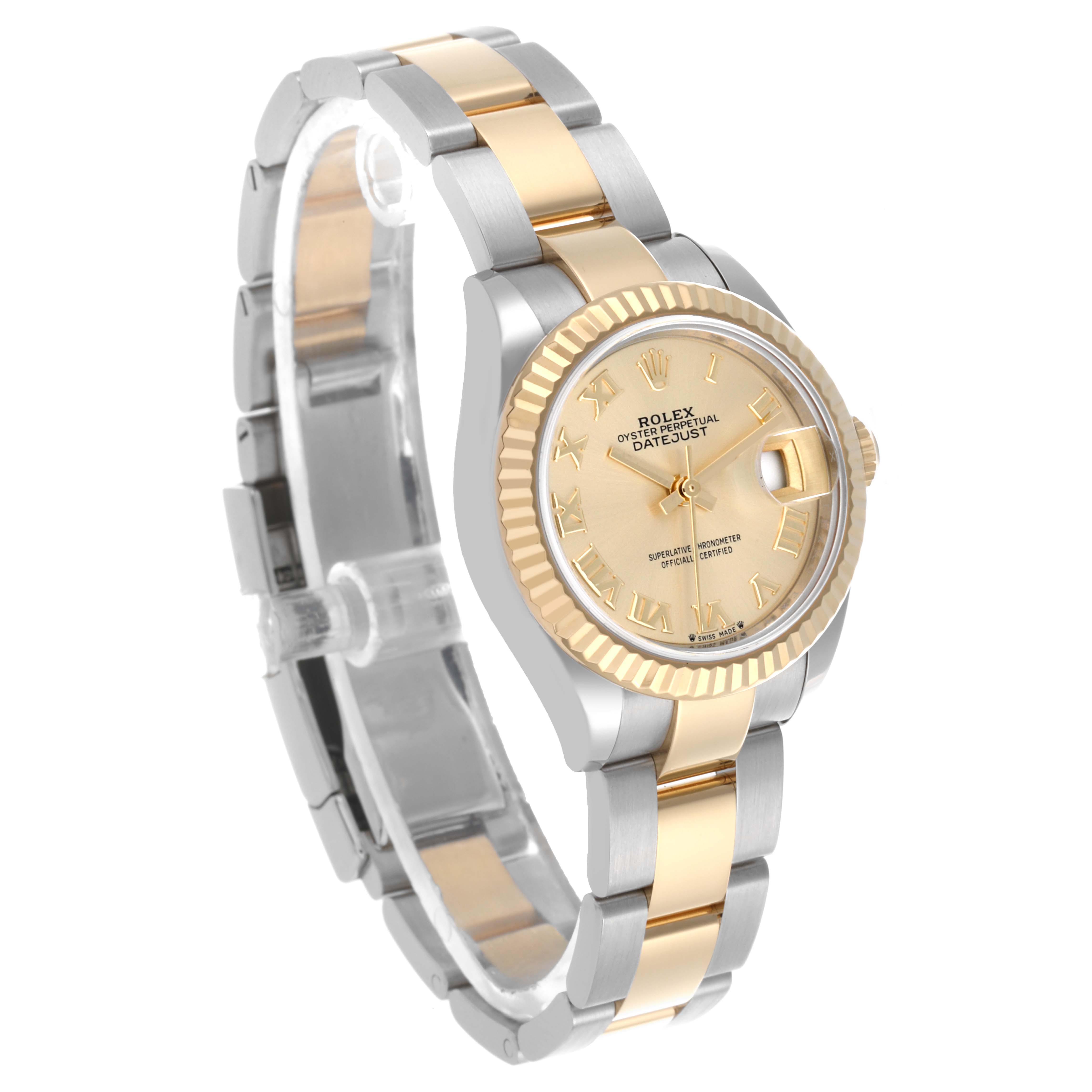 The Rolex Datejust 279173 Women's Steel and Gold (two tone) Champagne Dial 279173 Women's Steel and Gold (two tone) Champagne Dial watch is shown at a three-quarter angle, highlighting the gold and silver bracelet and fluted bezel.